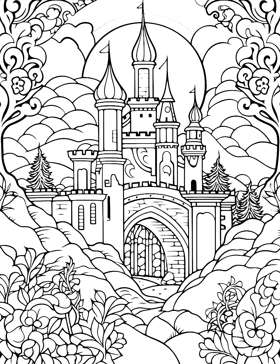 Moonlit Fairy Tale Adult Coloring Page - A magical castle and lush flora sit under a moonlit sky.