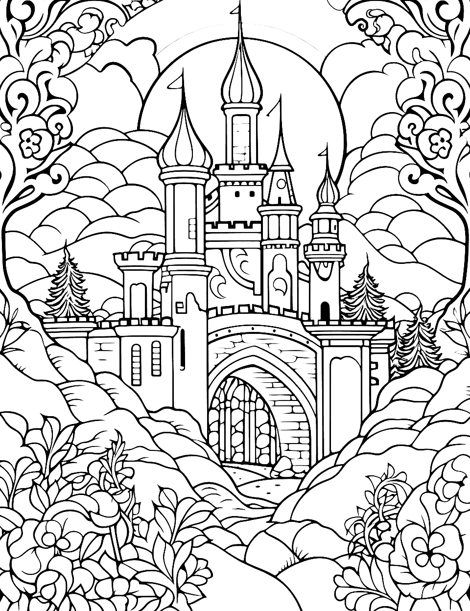 Moonlit Fairy Tale Adult Coloring Page - A detailed fairy tale scene under a moonlit sky featuring a magical castle and lush flora.