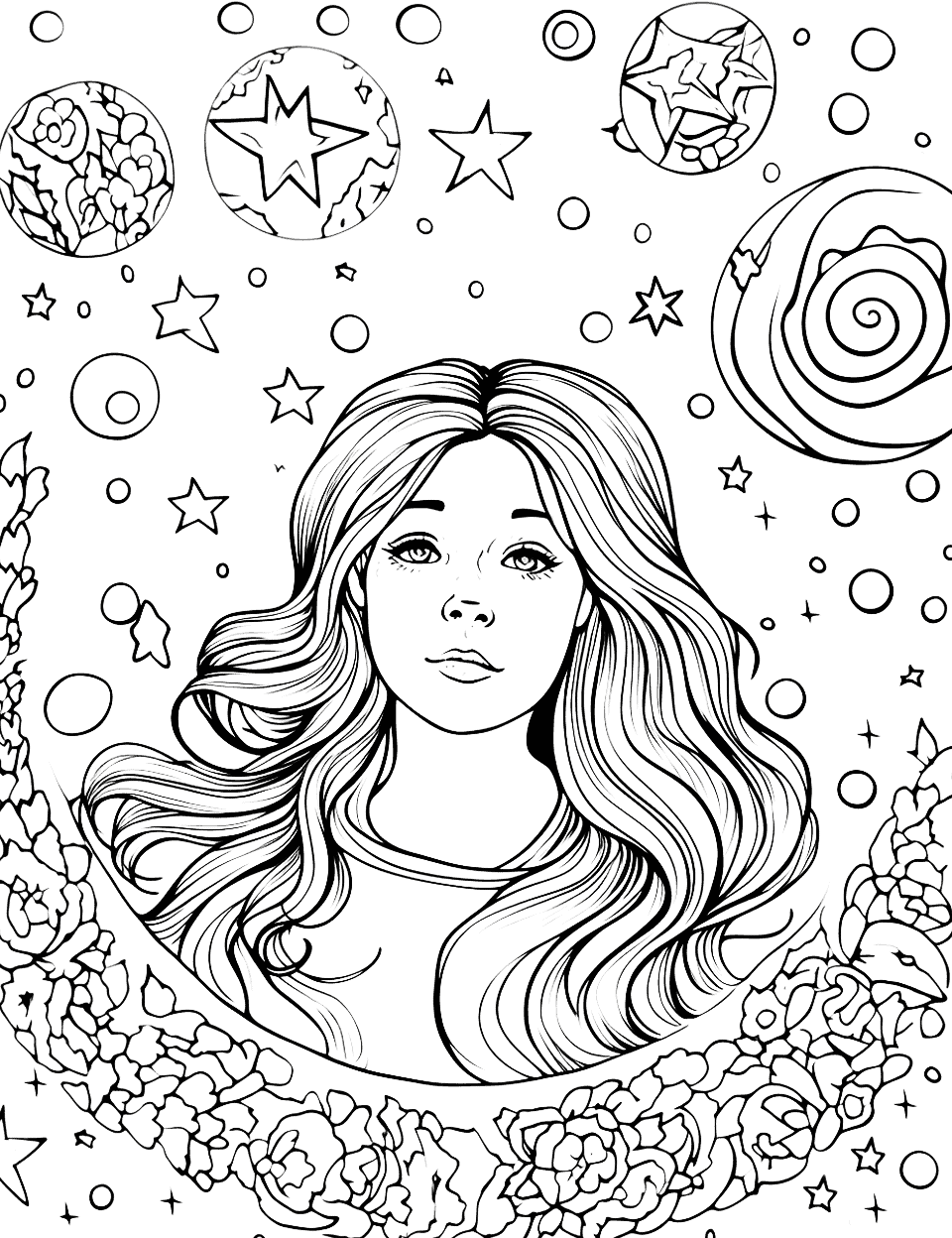 Galaxy Girl Adult Coloring Page - A girl floating in space with detailed galaxies around her.