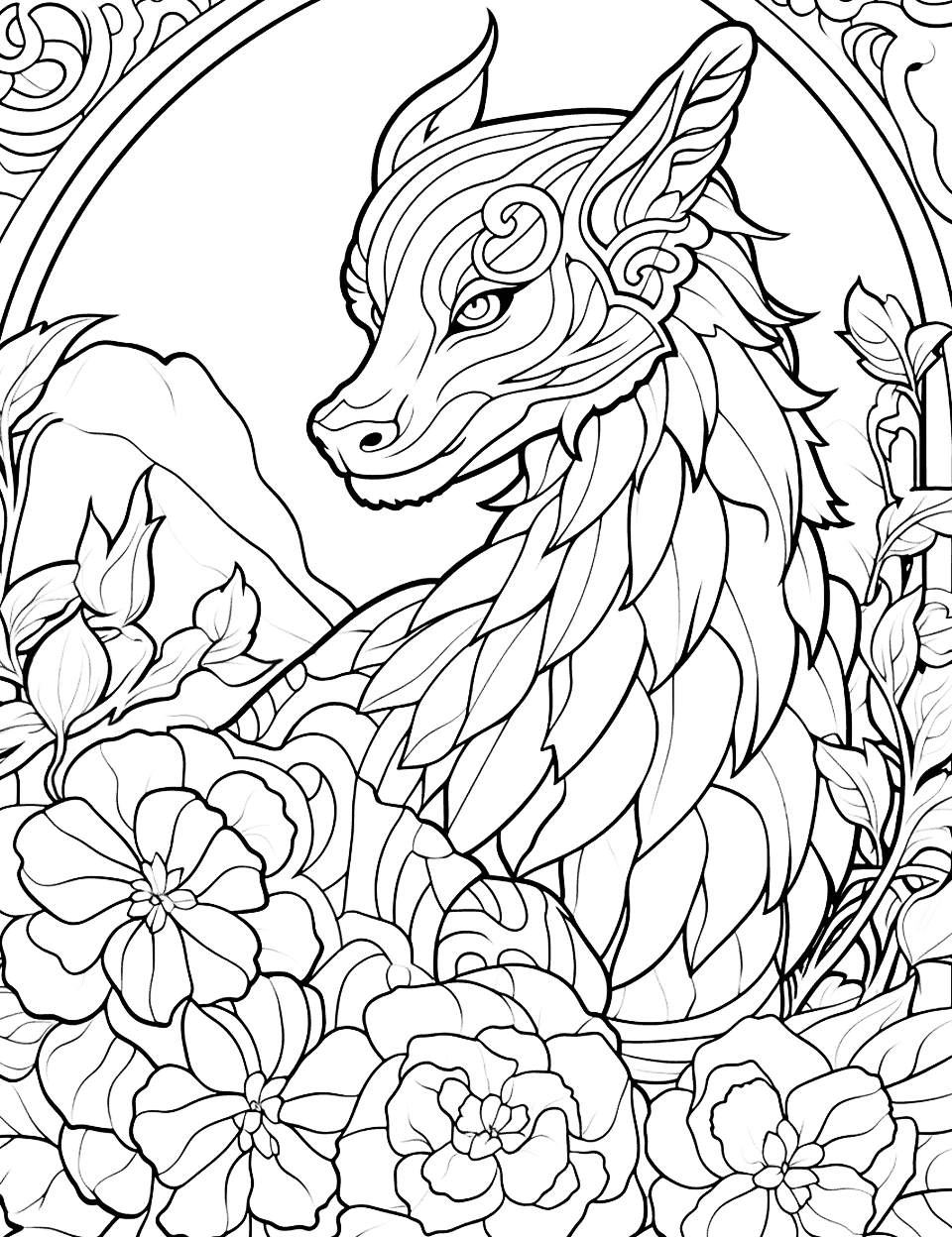Dragon's Garden Adult Coloring Page - A detailed scene of a dragon resting in a beautiful garden, surrounded by blooming flowers and lush plants.