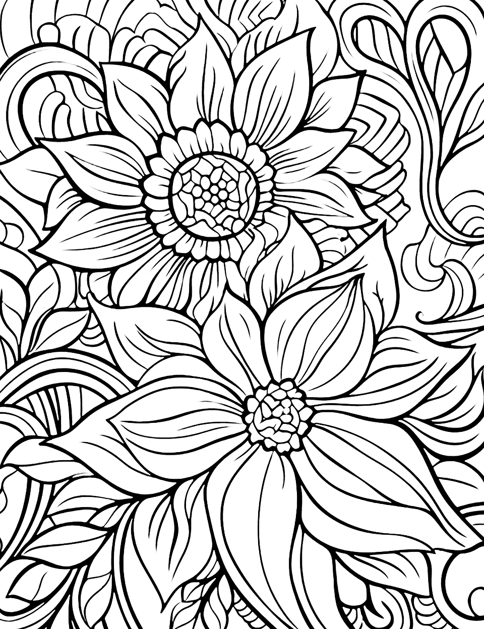Abstract Floral Design Adult Coloring Page - A coloring page for adults filled with abstract floral designs featuring a variety of flowers, leaves, and intricate details.