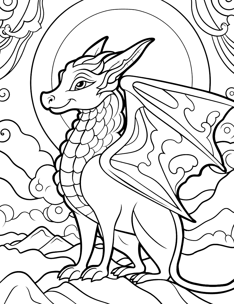 Moonlit Dragon's Journey Adult Coloring Page - A detailed scene of a dragon’s journey under a moonlit sky featuring mountains and clouds.