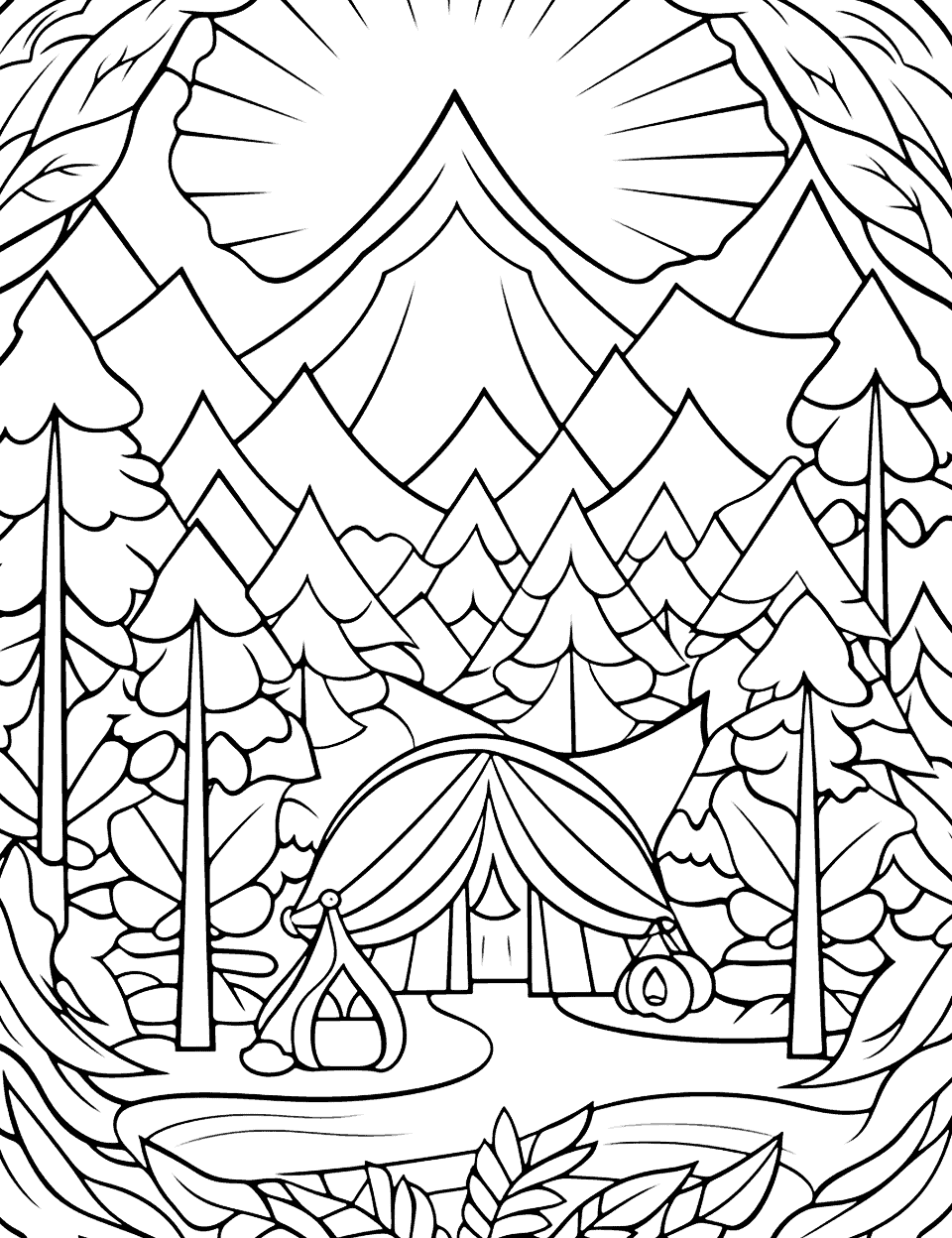 Forest Camping Adventure Adult Coloring Page - A forest camping scene featuring a tent, mountain, trees, and outdoor elements.
