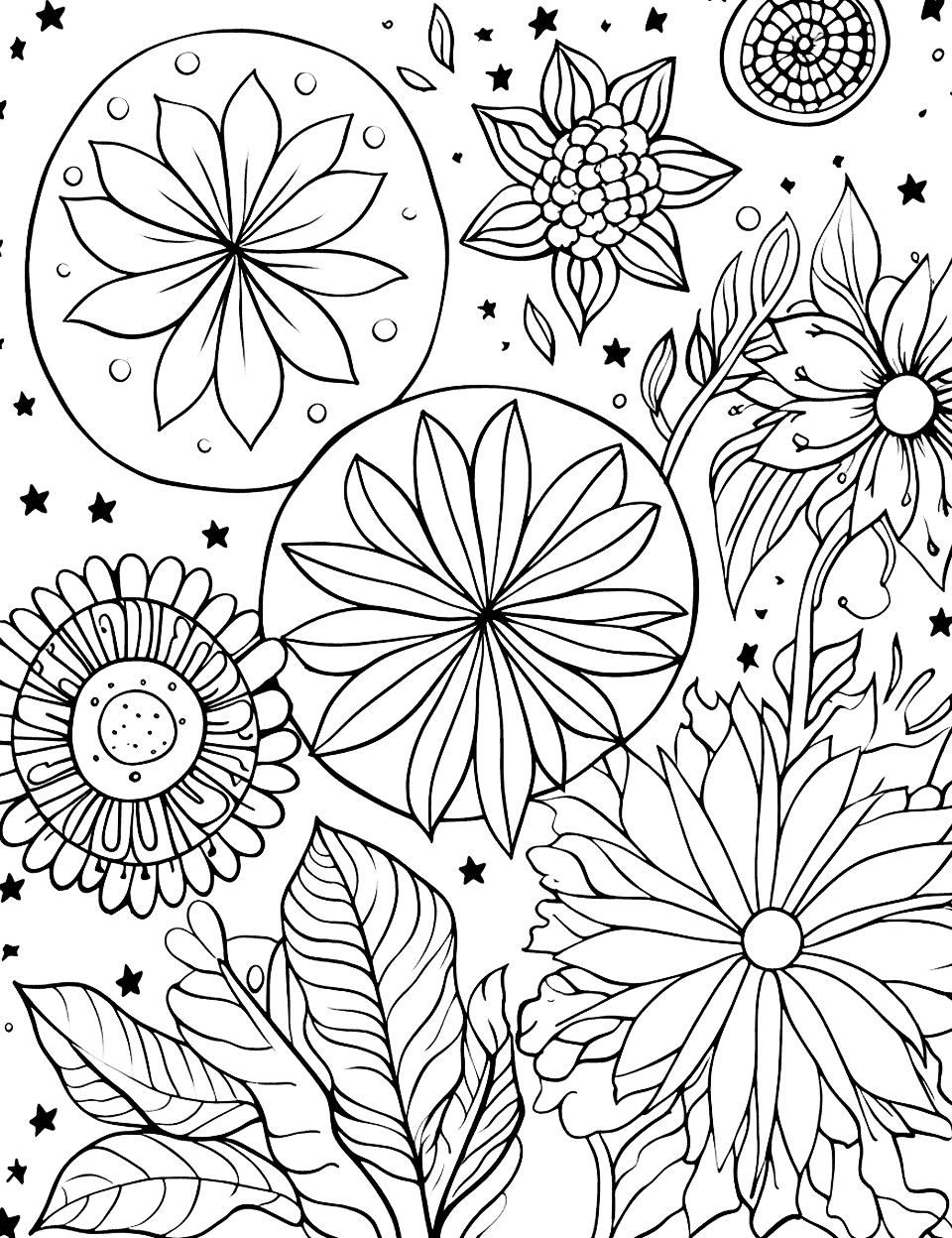 Galaxy Floral Garden Adult Coloring Page - A floral garden with a galaxy twist featuring star-shaped flowers and constellation patterns on leaves.