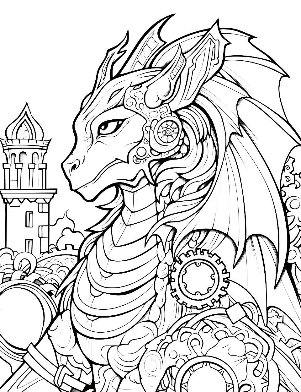 Steampunk Dragon's Adventure Adult Coloring Page - A detailed scene of a steampunk dragon on an adventure featuring mechanical landscapes and a steam-powered atmosphere.