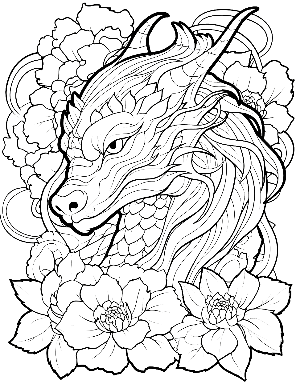 Dragon's Floral Art Adult Coloring Page - A dragon surrounded by an intricate floral design featuring a variety of flowers, leaves, and ornate details.