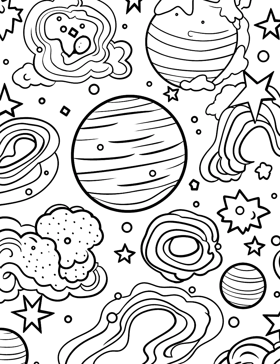 Galaxy Patterns Adult Coloring Page - An adult coloring page featuring stars, planets, and swirling galaxies.