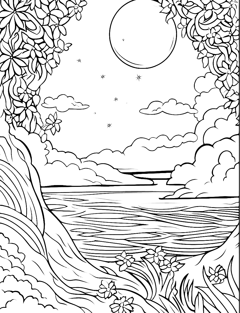 Moonlit Summer Night Adult Coloring Page - A detailed scene of a summer night under a moonlit sky featuring a peaceful beach, glowing fireflies, and a star-filled sky.