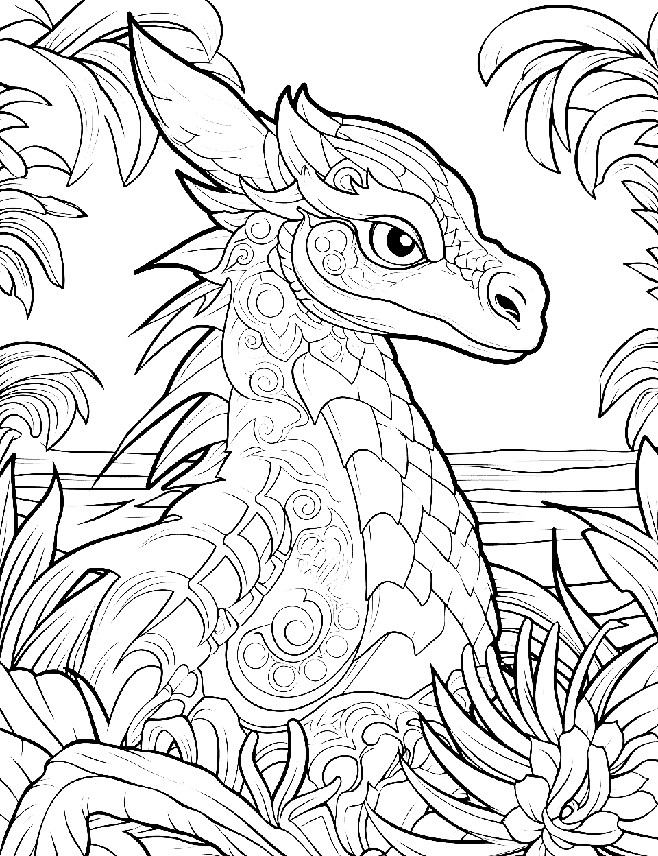 Tropical Dragon Adventure Adult Coloring Page - A tropical scene with a dragon surrounded by lush flowers and plants.