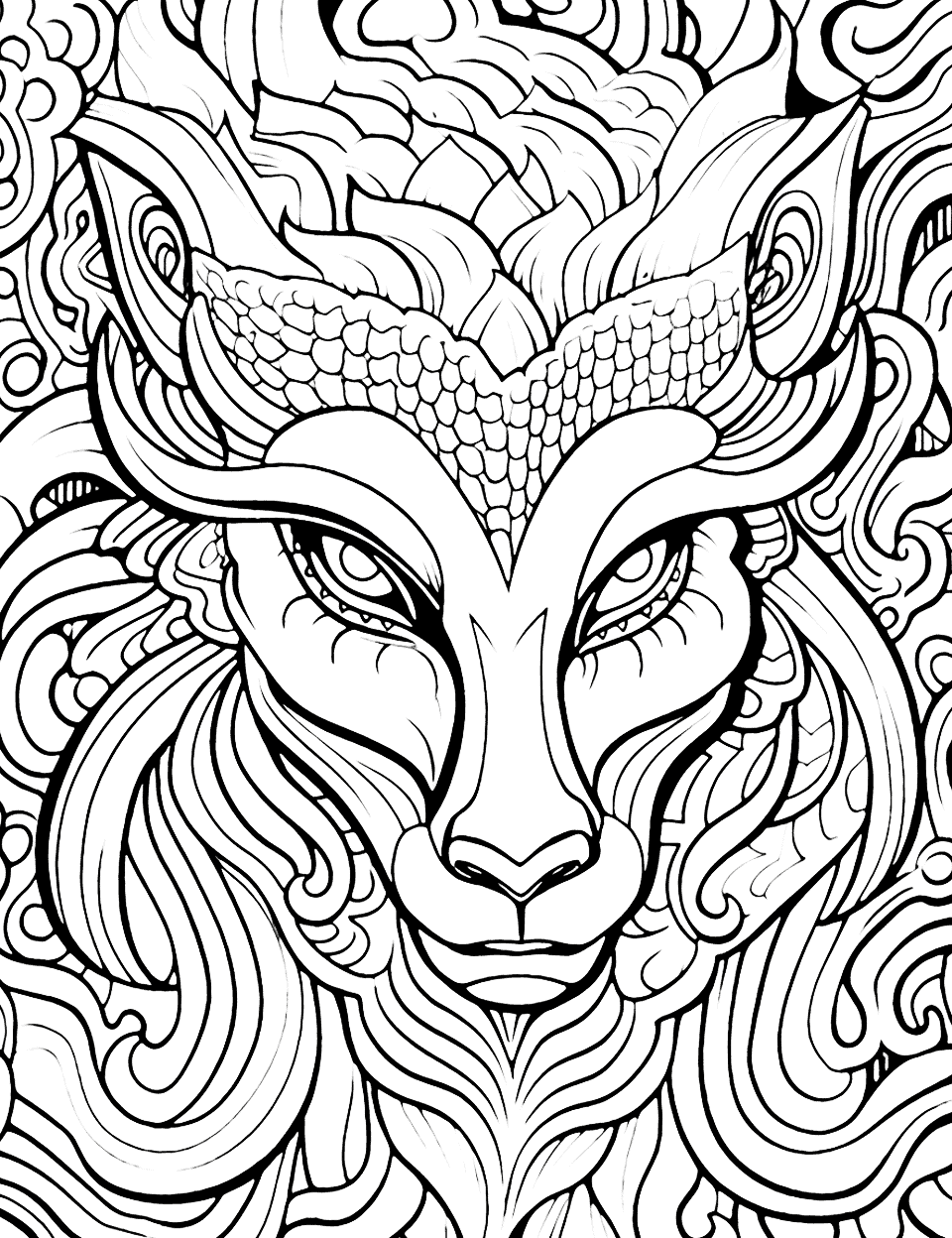 Abstract Mythical Creature Adult Coloring Page - An abstract interpretation of a mythical creature.