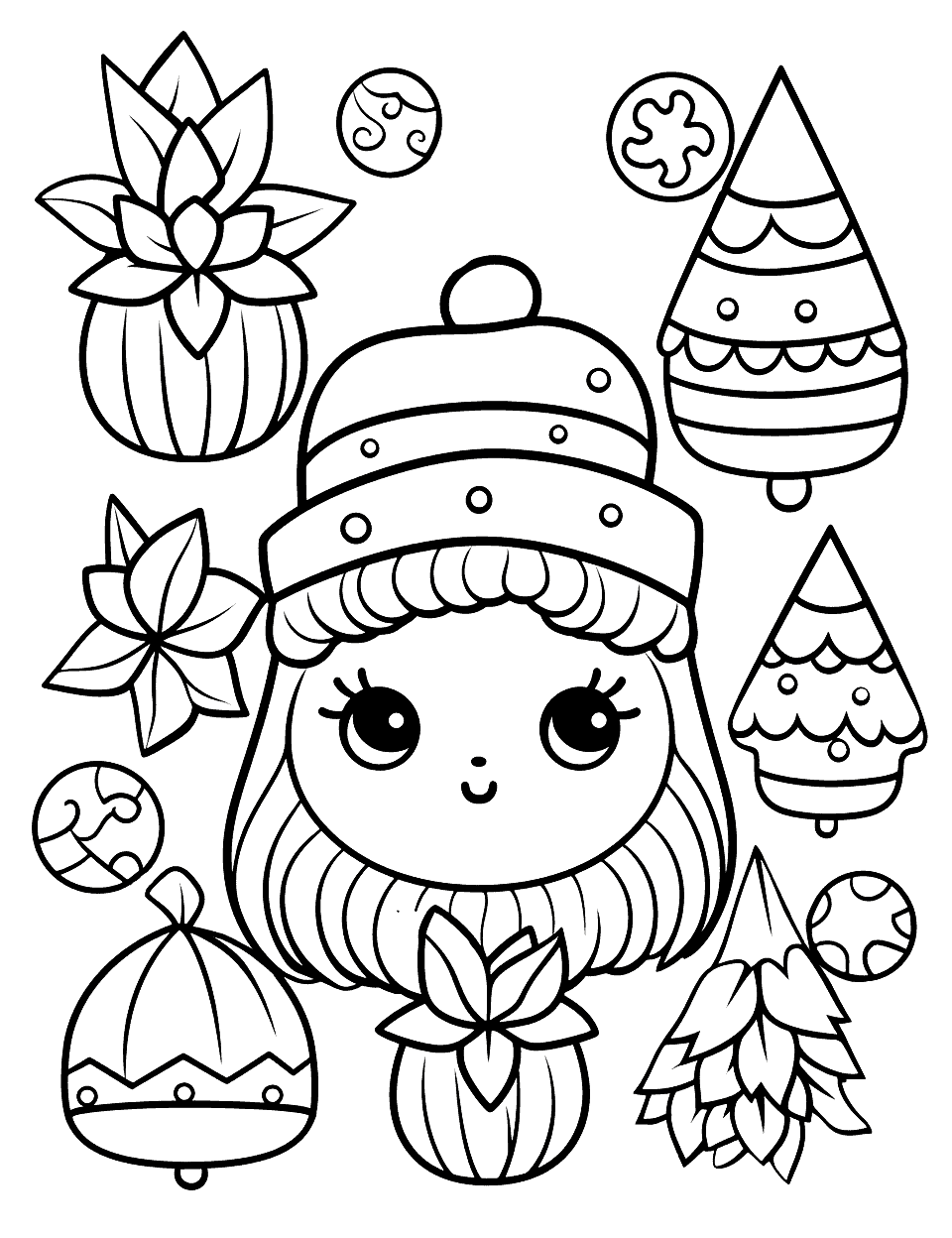 Kawaii Christmas Adult Coloring Page - An adult-friendly coloring page filled with cute kawaii-style Christmas elements.