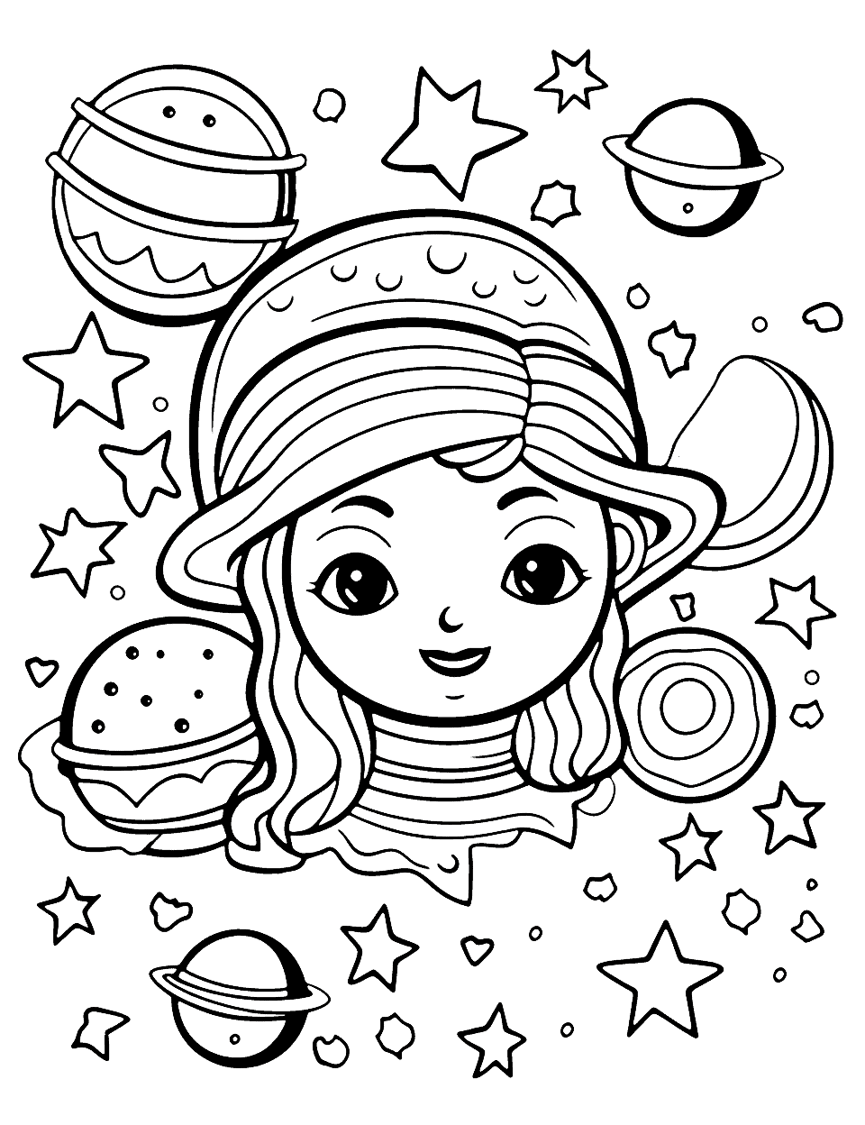 Kawaii Galaxy Adventure Adult Coloring Page - A cute character explores a galaxy surrounded by tiny stars and planets.