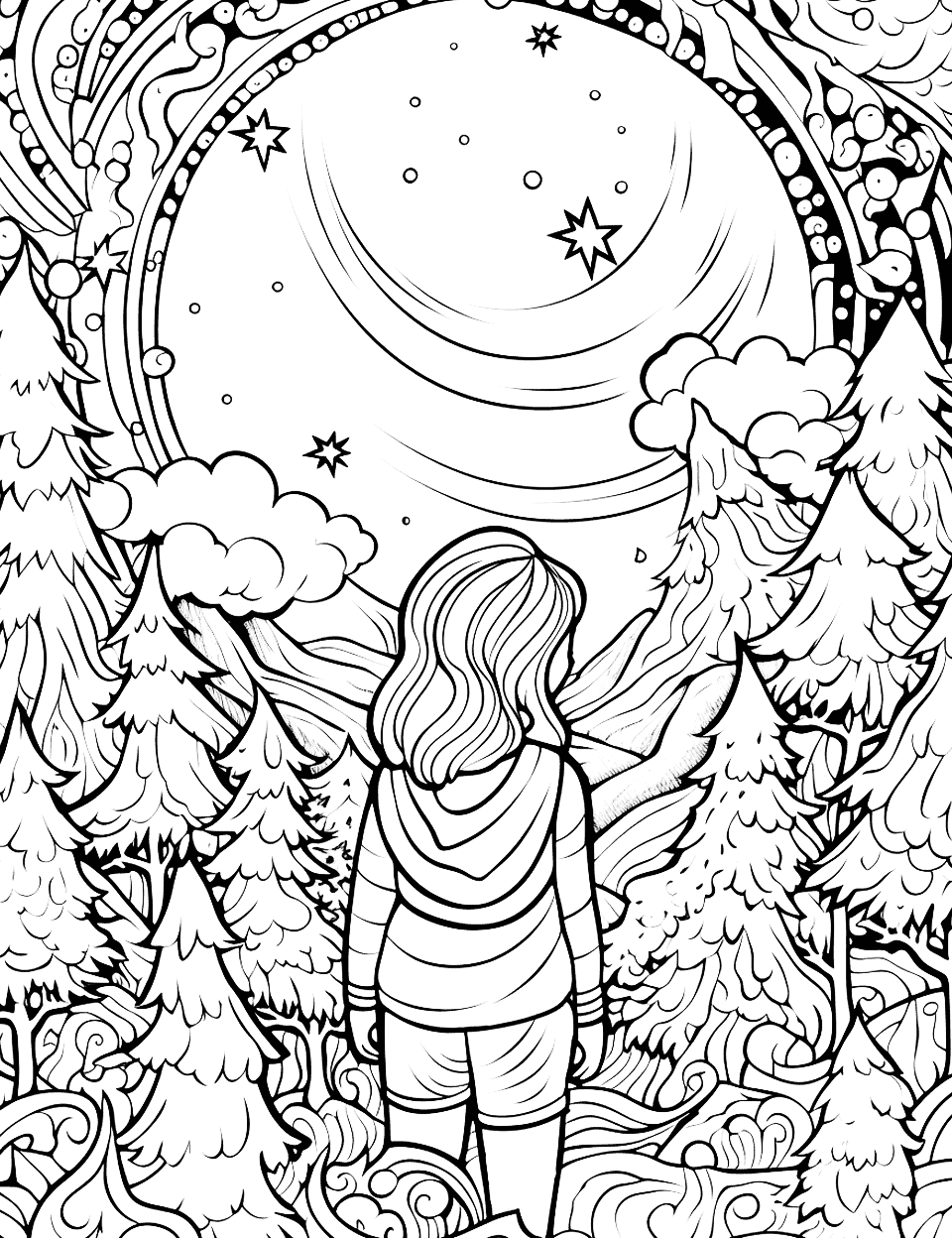 Galaxy Forest Adventure Adult Coloring Page - A forest adventure with a galaxy twist.