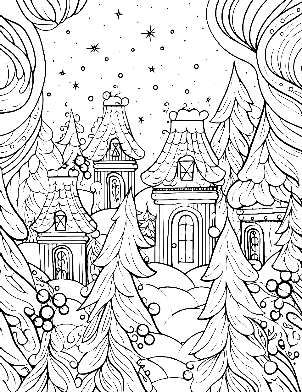 Snowy Night Adult Coloring Page - A night scene, with lots of trees and falling snow.