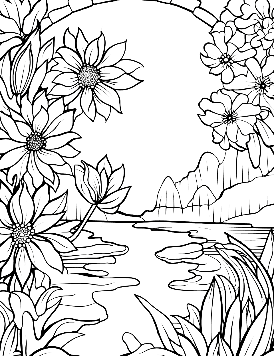 Moonlit Fairy's Garden Adult Coloring Page - A detailed scene of a fairy’s garden under a moonlit sky featuring enchanted flora and a sparkling pond.