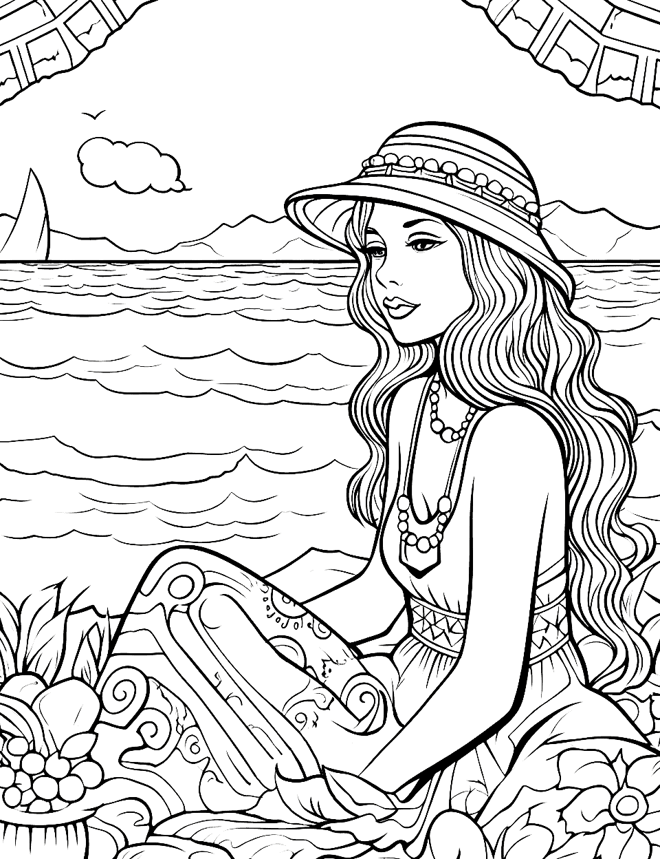 Summer Beach Adult Coloring Page - A summer beach scene with intricate details for adults to color.
