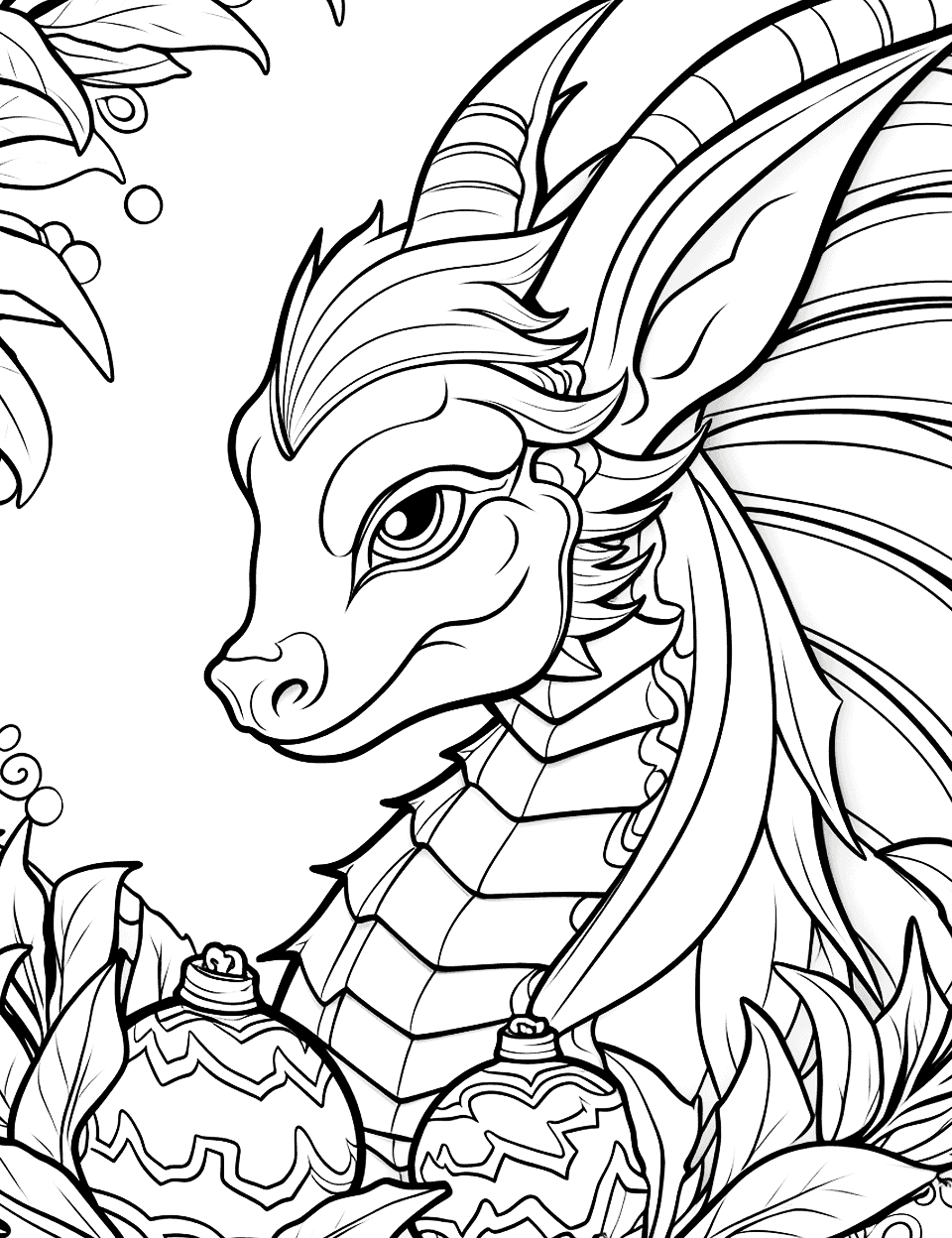 Christmas Day Adult Coloring Page - A dragon celebrating Christmas Day.