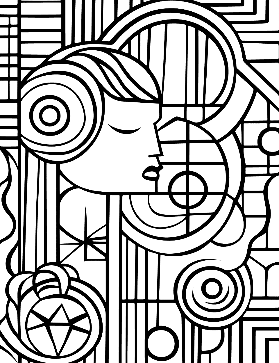 Abstract Art Adult Coloring Page - Abstract shapes, patterns, and lines fill this coloring page.