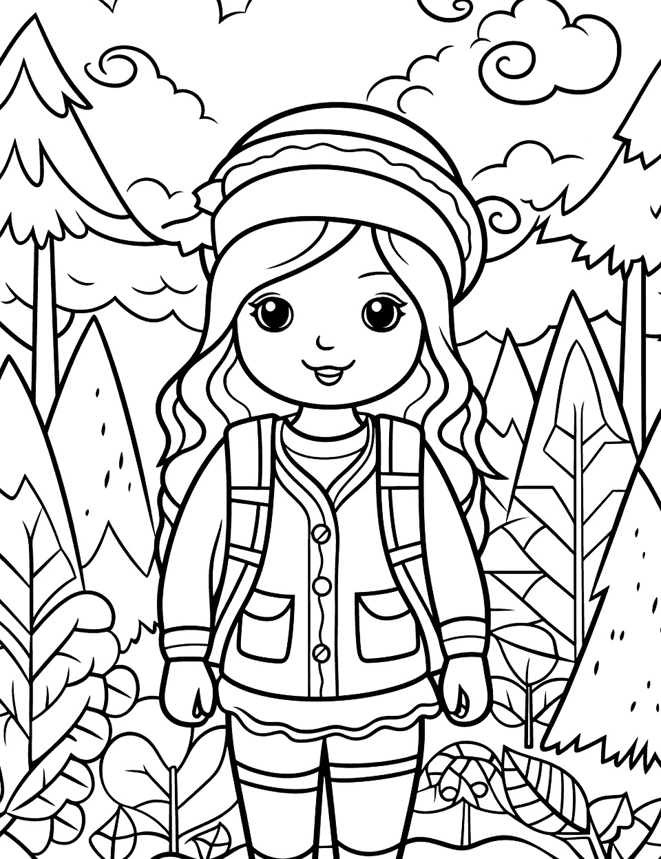 Kawaii Forest Adventure Adult Coloring Page - Cute, kawaii-style character on an adventure through a forest, surrounded by tiny trees.