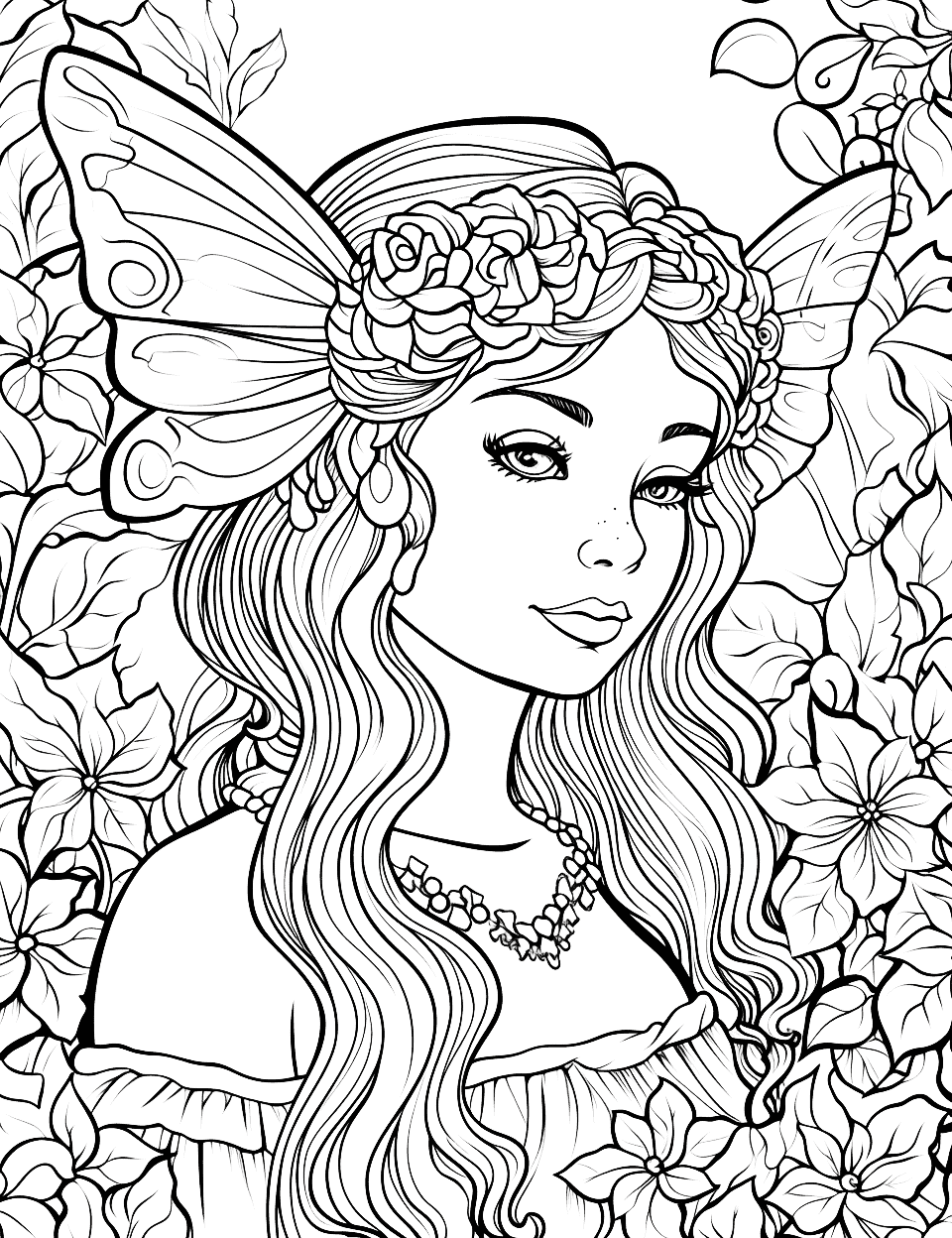 Enchanted Forest Fairy Adult Coloring Page - A detailed scene of a fairy in an enchanted forest.