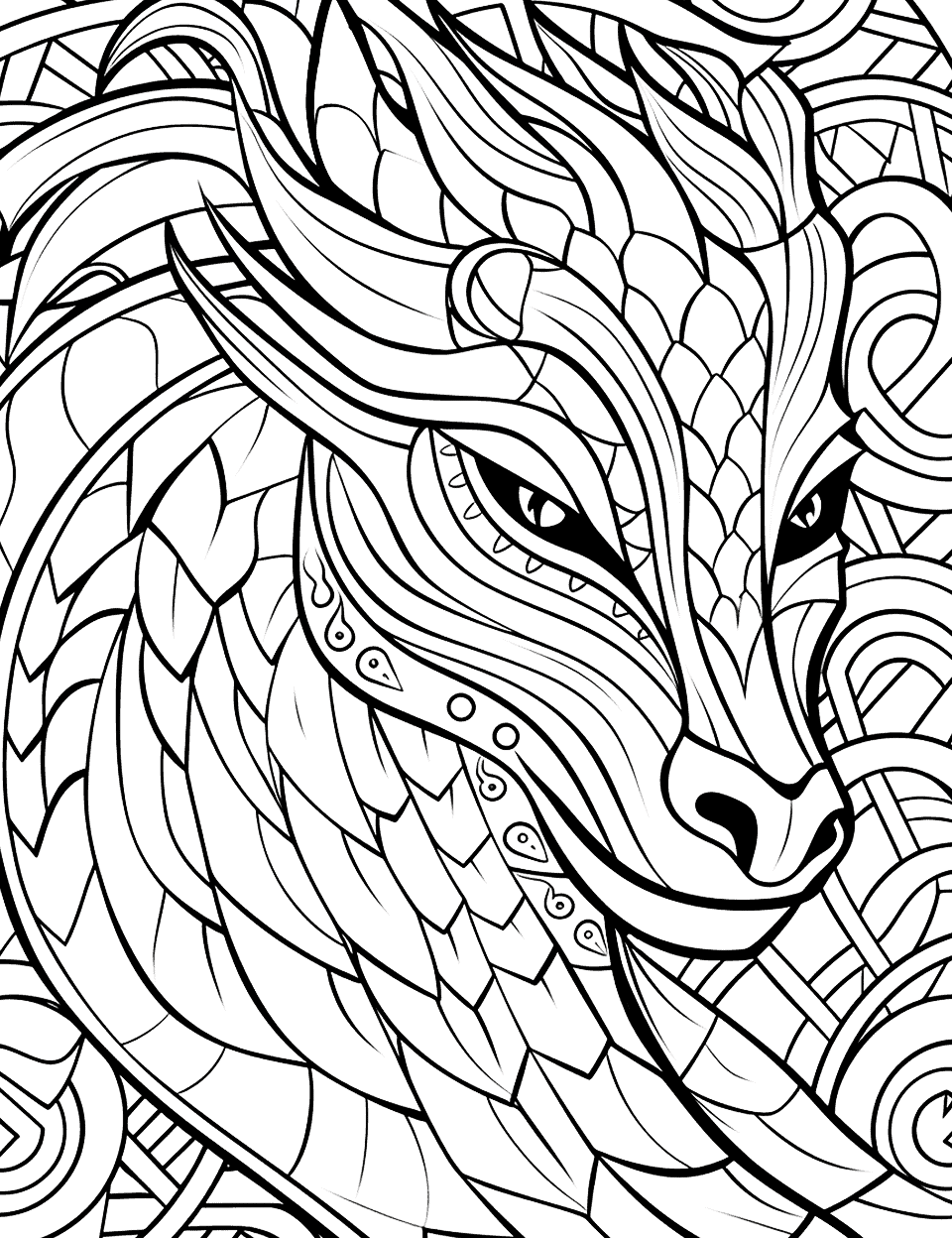 Abstract Dragon Art Adult Coloring Page - Dragon-inspired doodles appear in geometric patterns.
