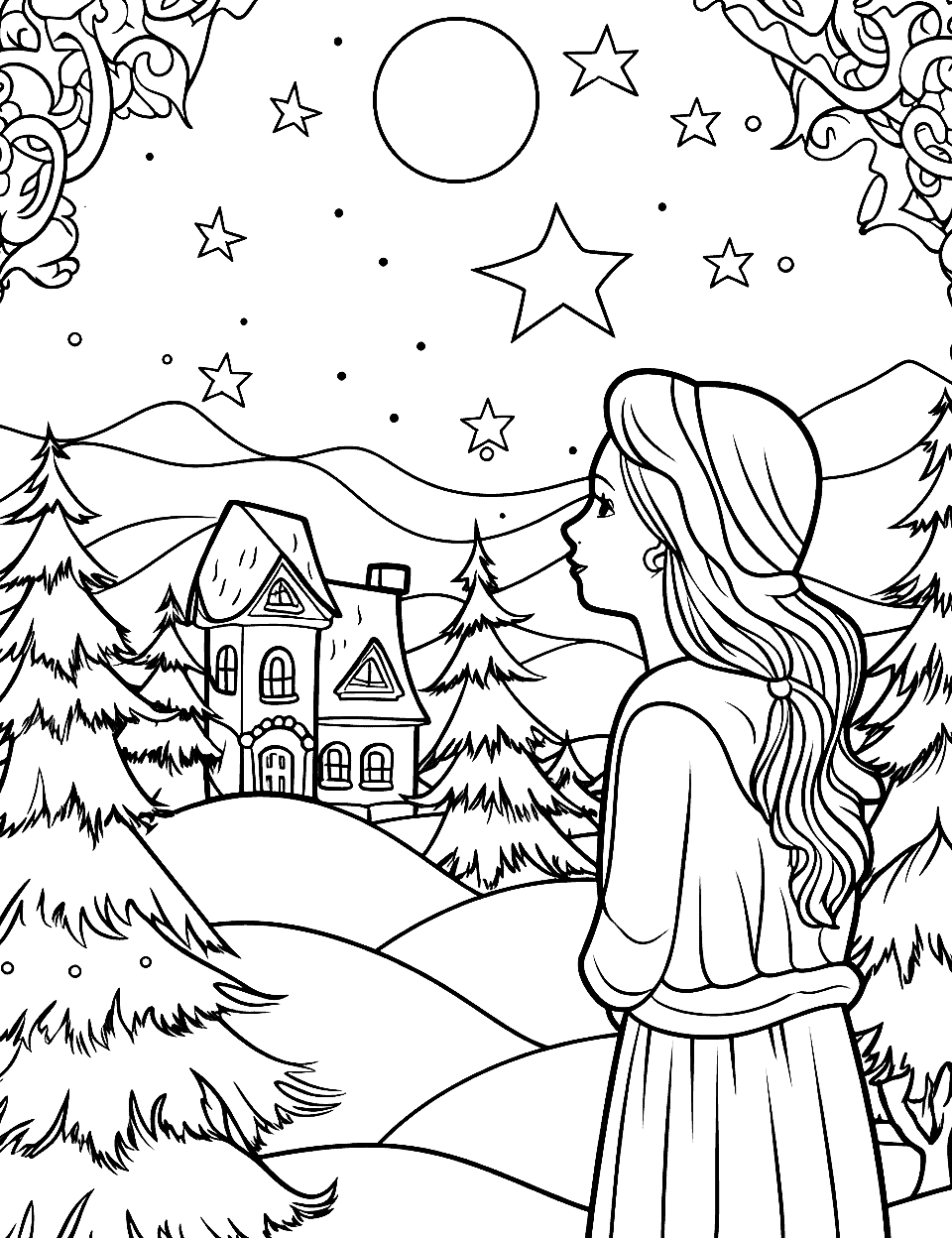 Moonlit Christmas Eve Adult Coloring Page - A detailed scene of a Christmas Eve under a moonlit sky.