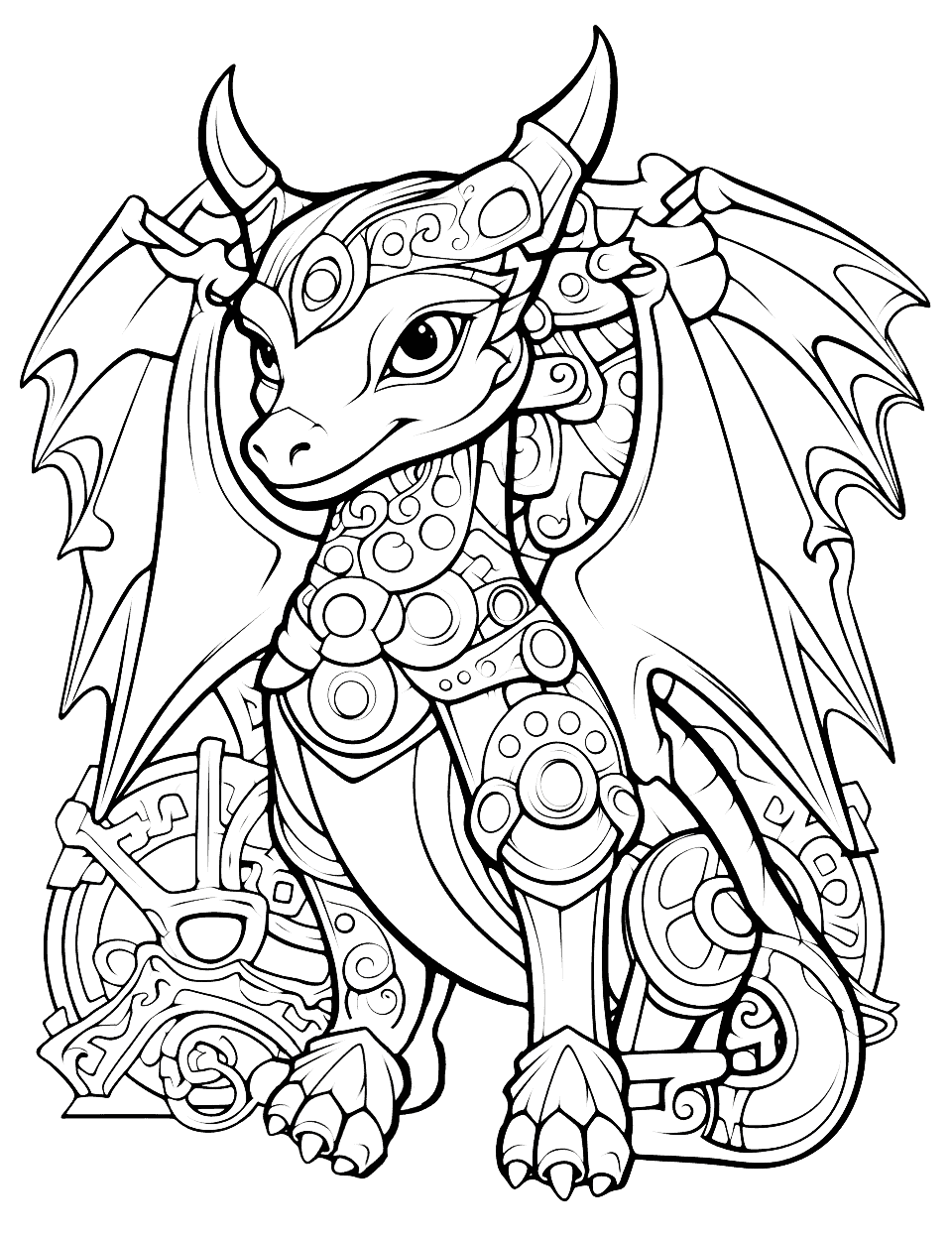 Steampunk Dragon's Lair Adult Coloring Page - A detailed scene of a steampunk dragon in its lair.