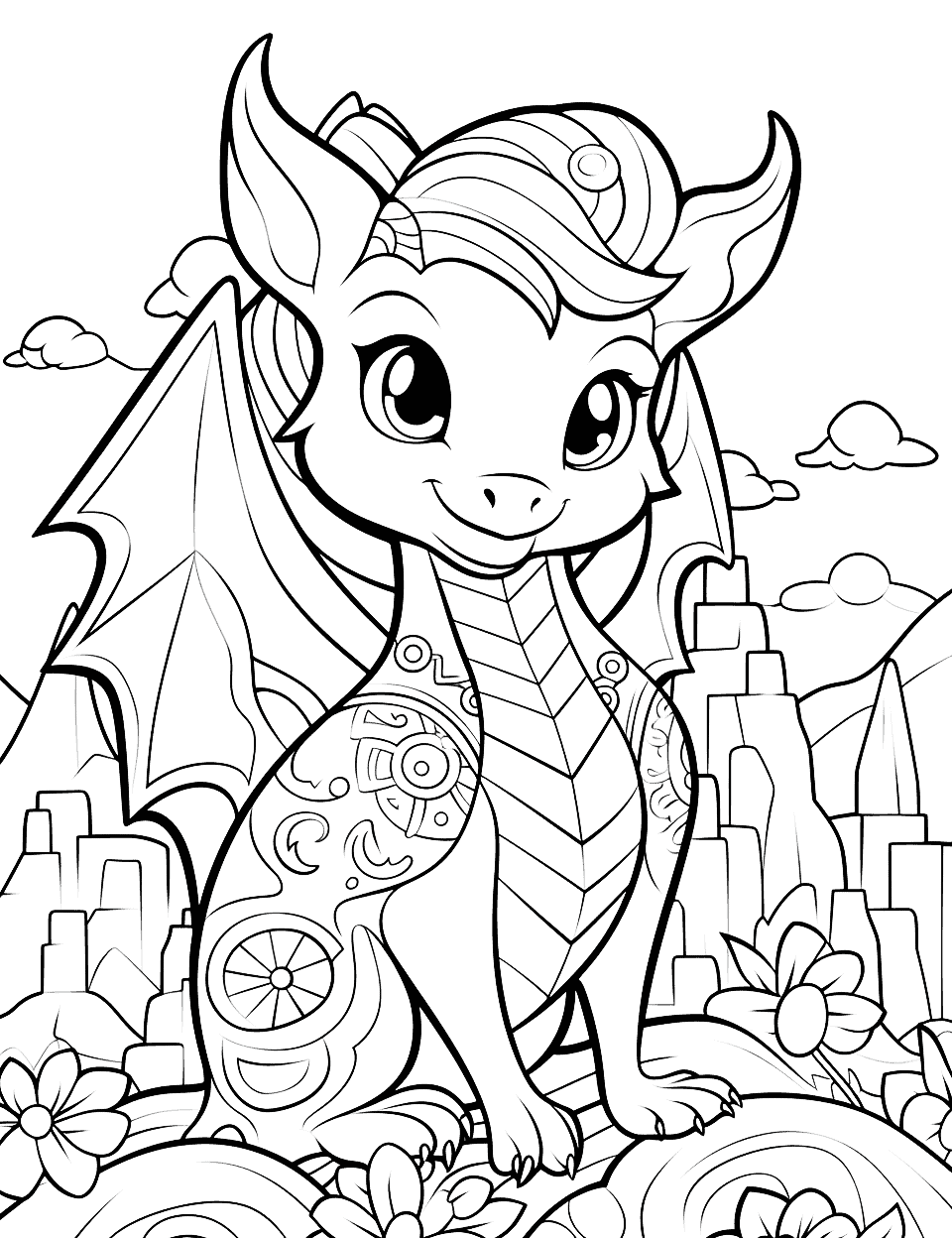 Dragon's Kawaii Adventure Adult Coloring Page - A dragon on an adventure surrounded by tiny landscapes.