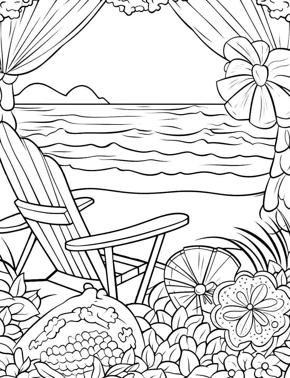 Summer Beach Adult Coloring Page - A coloring page filled with summer beach elements like intricate seashells, detailed sandcastles, and stylish sun umbrellas.