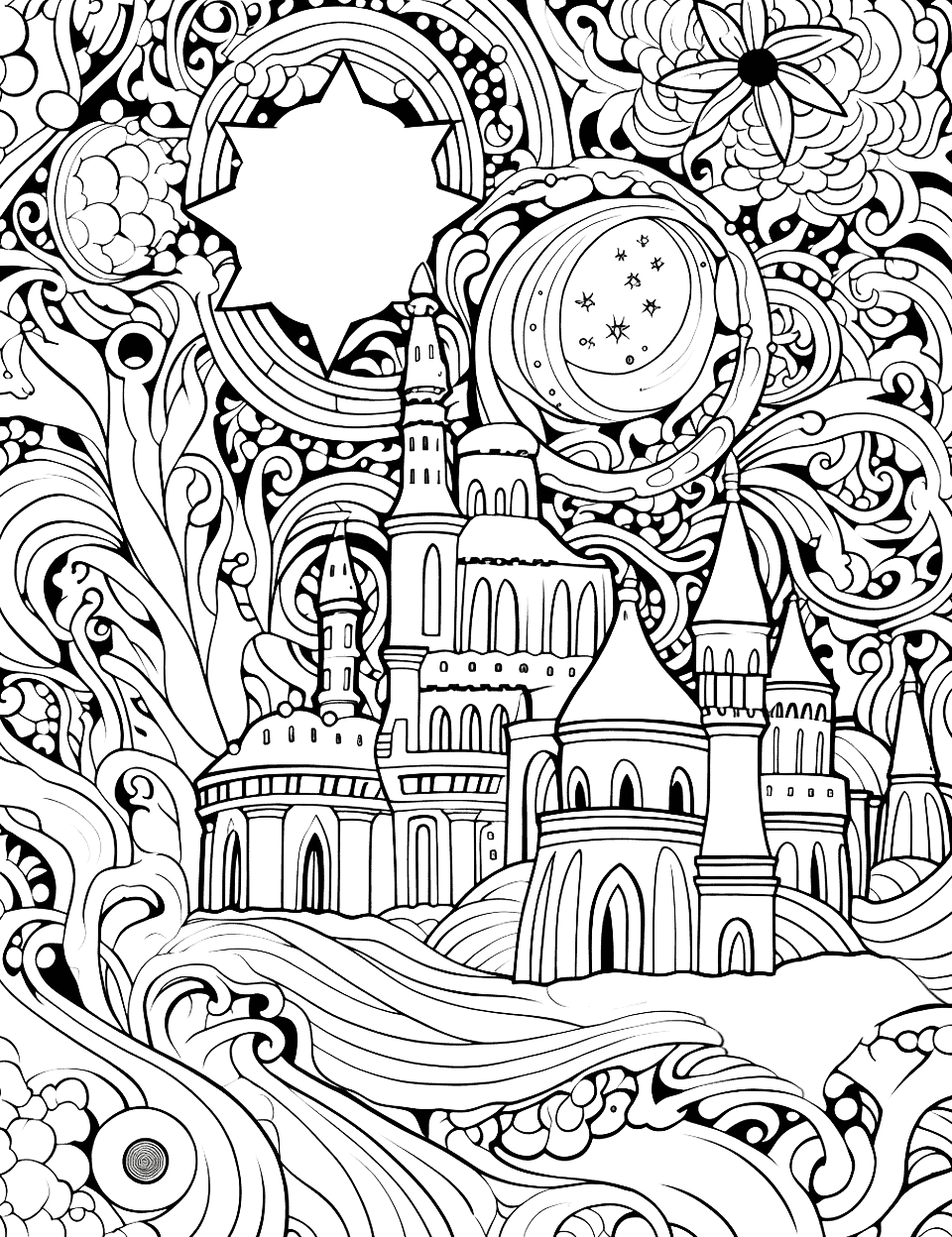 Galaxy Fairy Tale Adult Coloring Page - A detailed fairy tale scene with a galaxy twist.