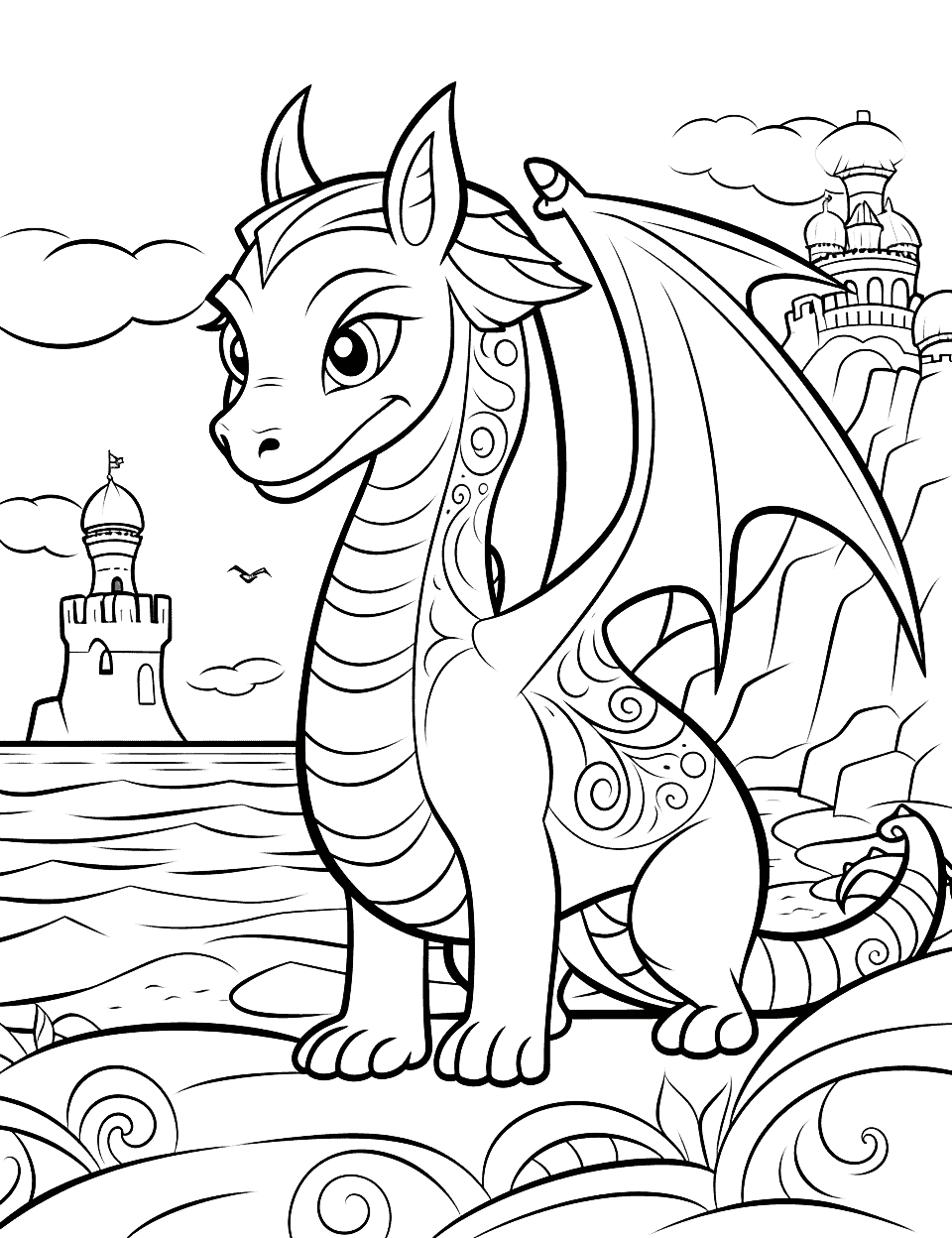 Dragon's Summer Beach Adult Coloring Page - A dragon enjoys the beach alongside intricate sandcastles.