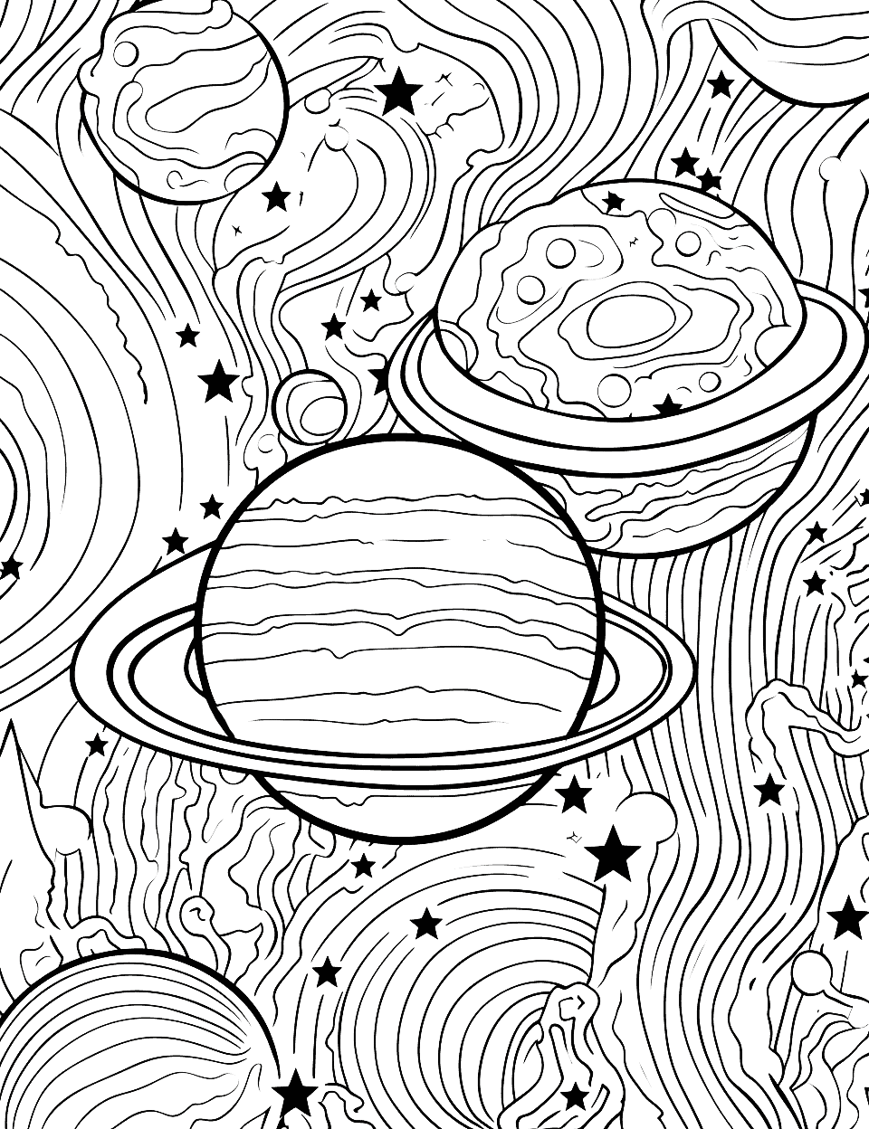 Outer Space Adventure Adult Coloring Page - A coloring page filled with outer space elements like intricate stars, detailed planets, and swirling galaxies.