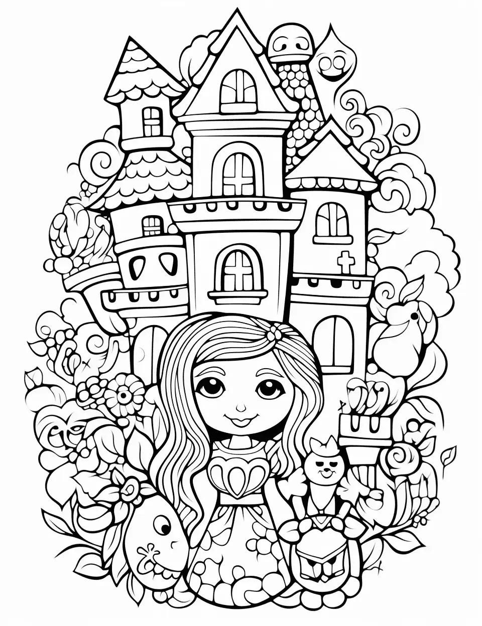 Kawaii Fairy Tale Adult Coloring Page - Cute, kawaii-style characters in a fairy tale, surrounded by tiny castles and characters.