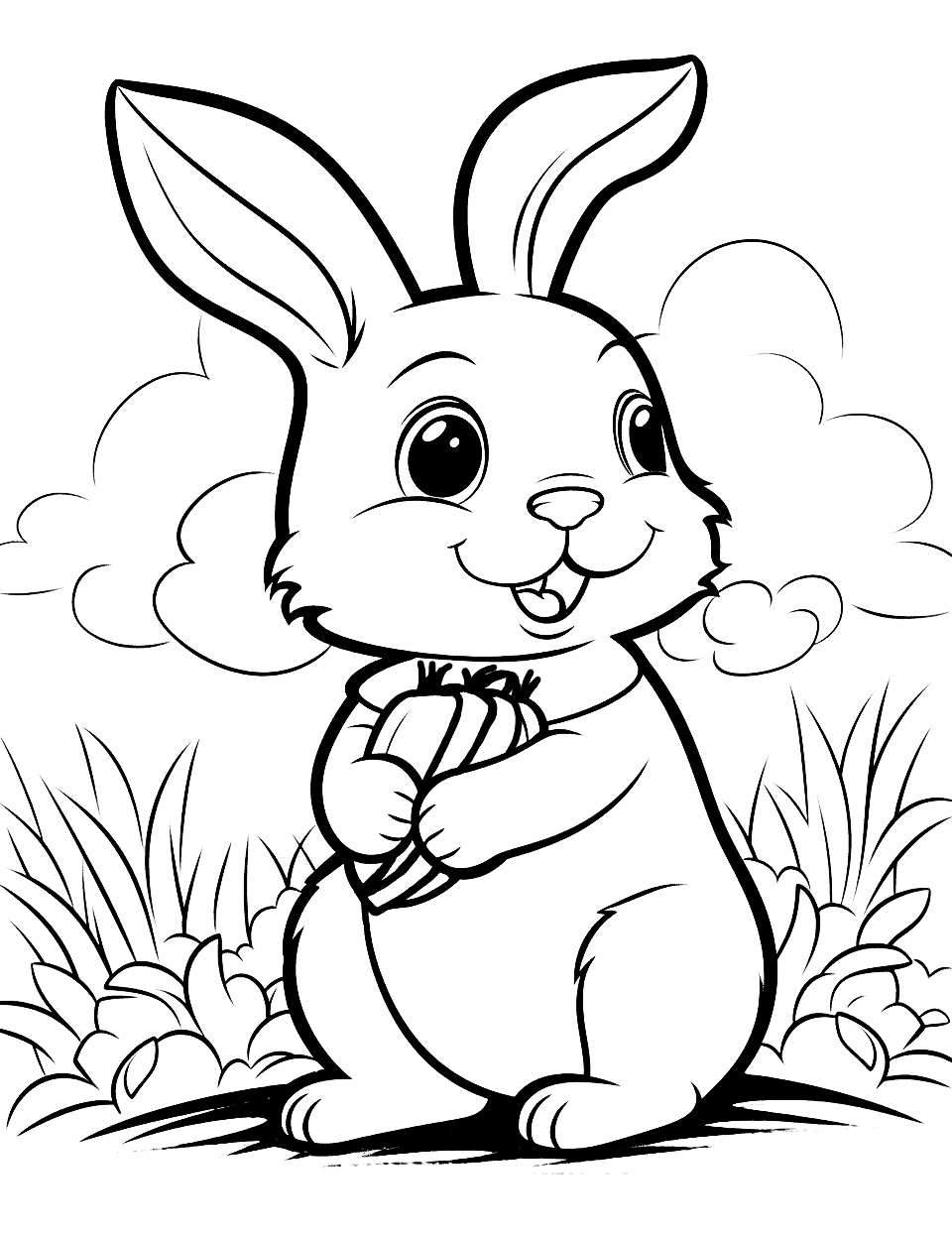 Cute Bunny Holding Carrots Coloring Page - A chubby bunny sitting down and happily holding some carrots.