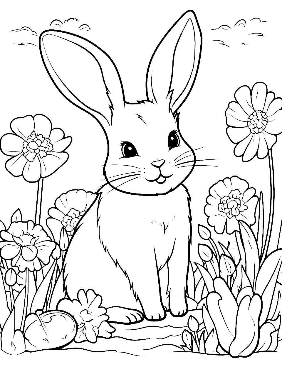 Spring Bunny Among Flowers Rabbit Coloring Page - A joyful bunny amidst spring flowers like tulips and daffodils.