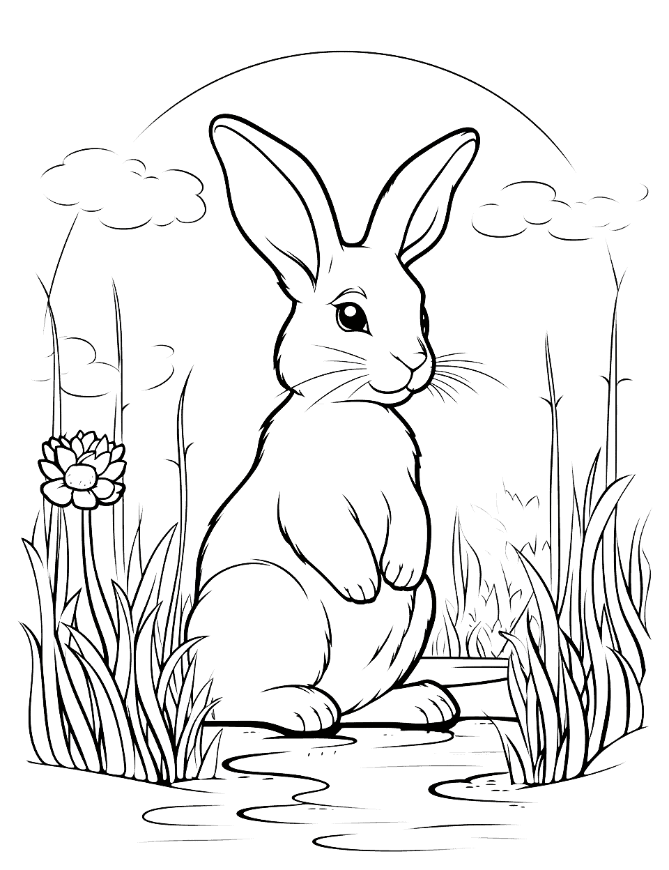 Beautiful Bunny By the Lake Coloring Page - A bunny near a calm lake, surrounded by long grass and a flower.