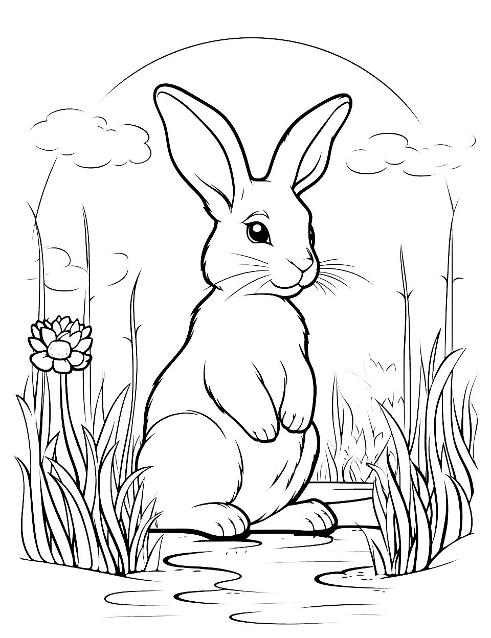 Beautiful Rabbit By the Lake Bunny Coloring Page - A rabbit near a calm lake, surrounded by long grass and a flower.