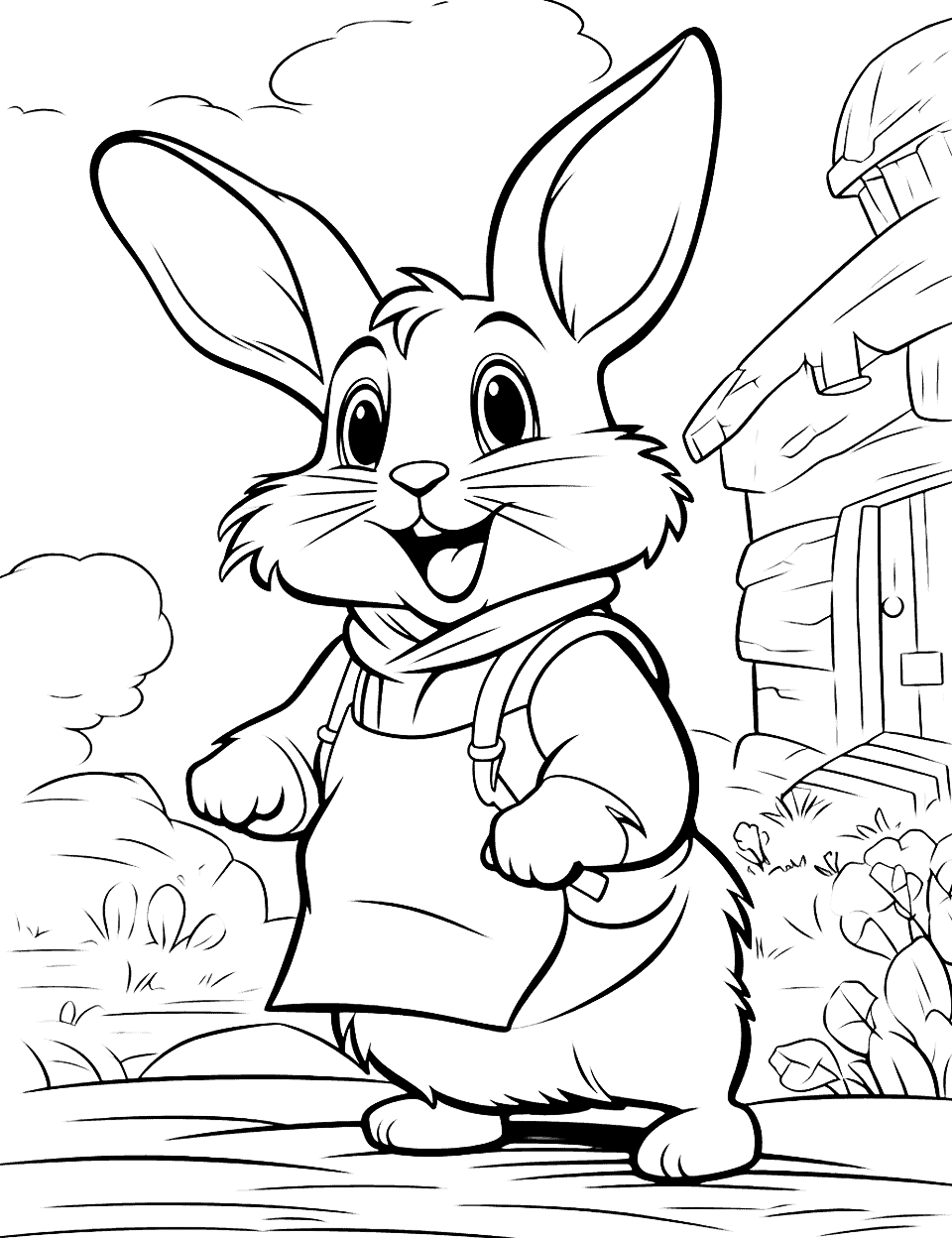 Bunny Adventure Coloring Page - A cheerful bunny adventuring through a classic town.
