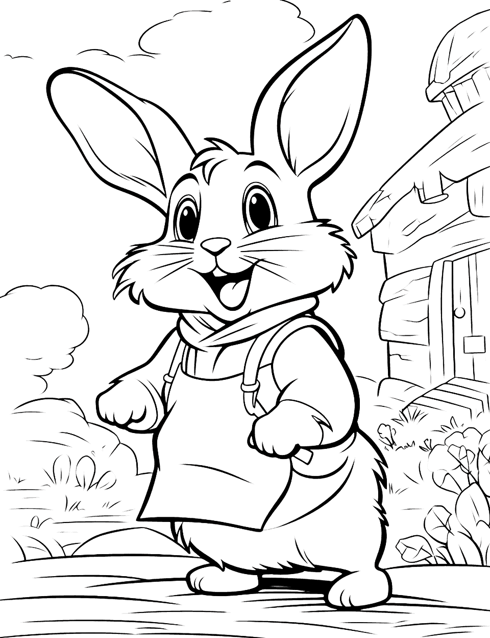 Bunny Adventure Rabbit Coloring Page - A cheerful bunny adventuring through a classic town.