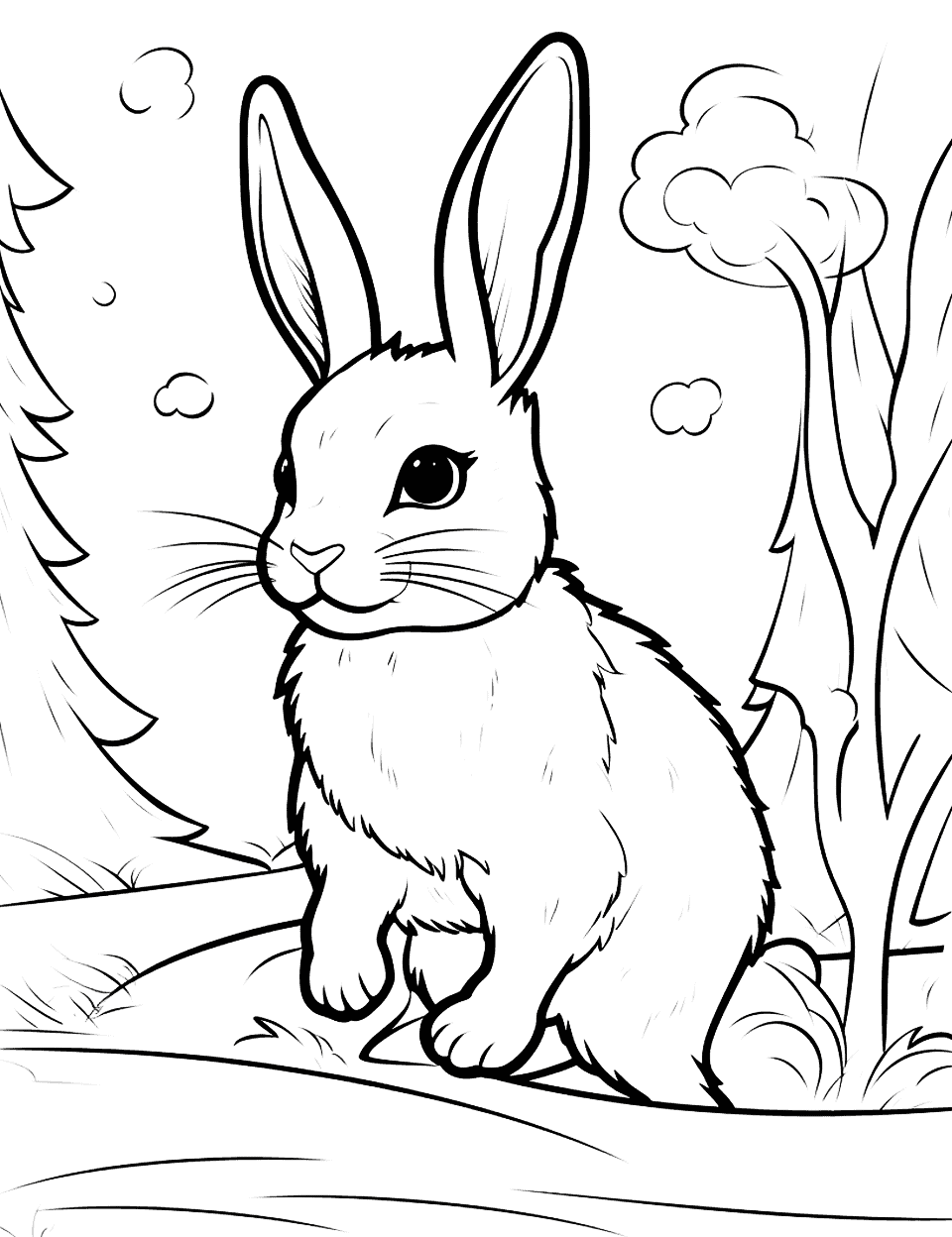 Cottontail Rabbit in the Snow Coloring Page - A cottontail bunny hopping in a snowy setting.