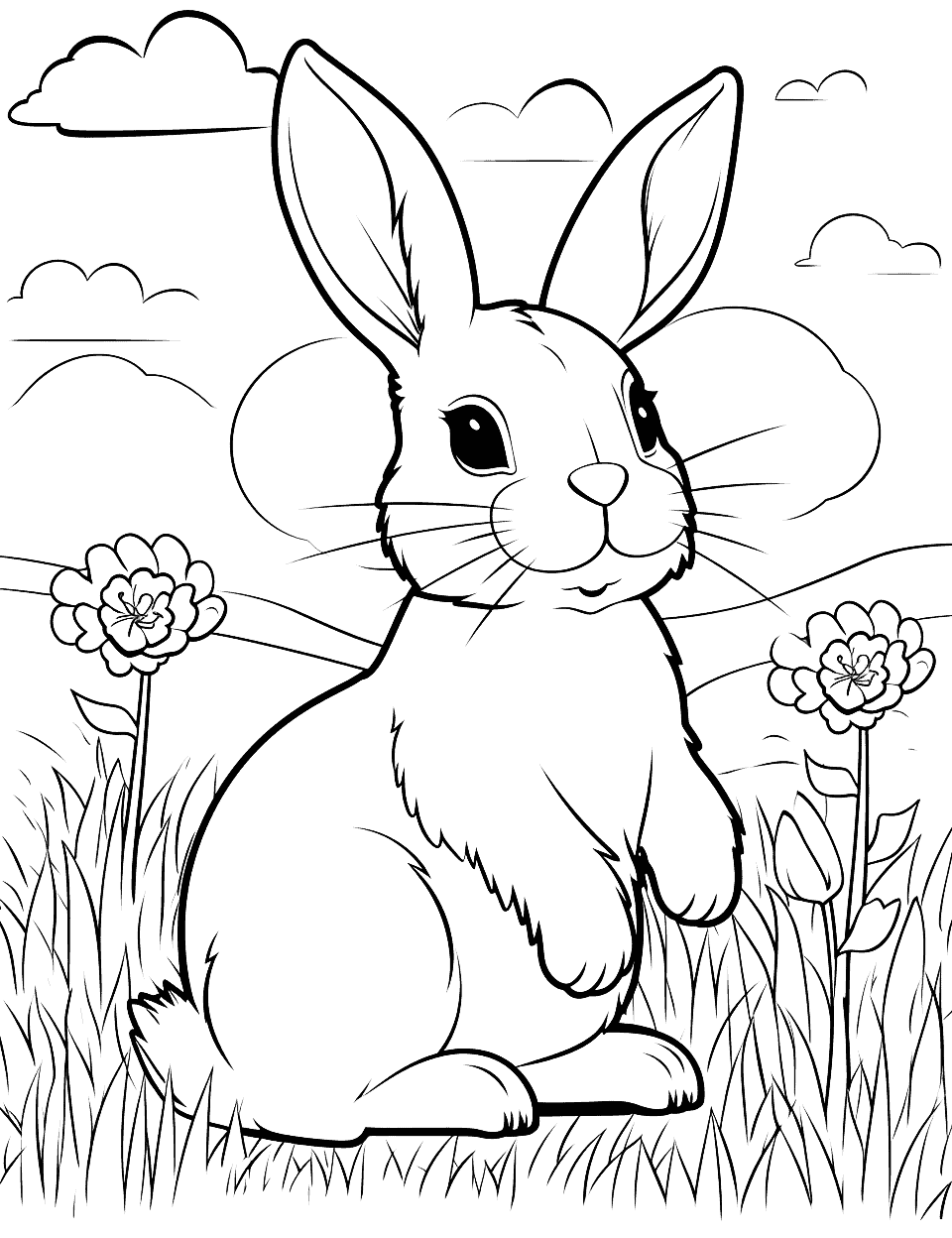Realistic Rabbit in the Meadow Bunny Coloring Page - The real details of a rabbit, with every strand of fur, set against a backdrop of a serene meadow.