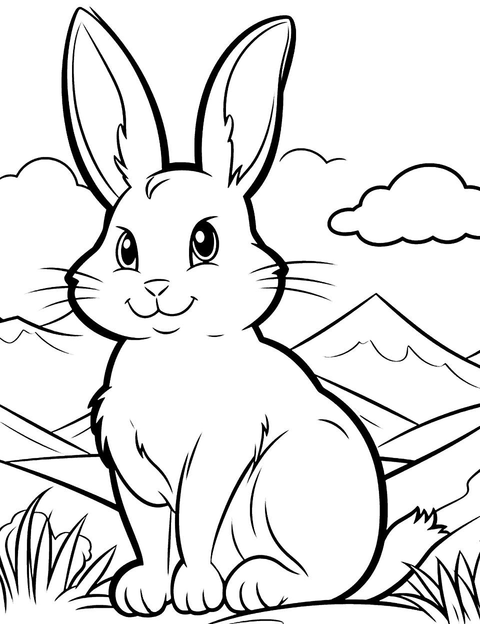 Big Bunny in a Small World Rabbit Coloring Page - Emphasize the big size of our bunny set against vast landscapes like mountains or forests.