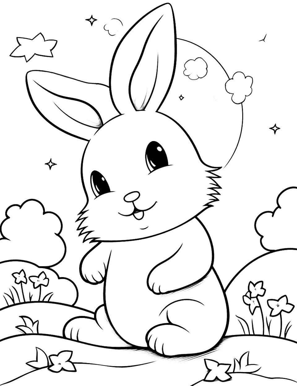 Kawaii Bunny and Moonlit Night Coloring Page - A kawaii-style bunny gazing up at a starry night with a moon.