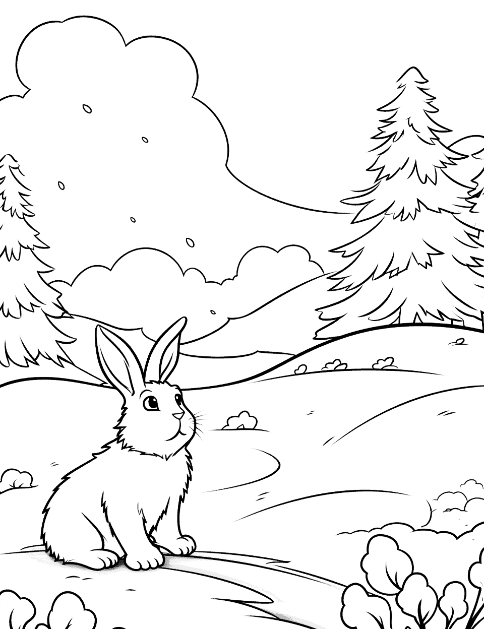 Winter Wonderland and Bunny  Coloring Page - A serene snow-filled scene with a bunny sitting in the snow.