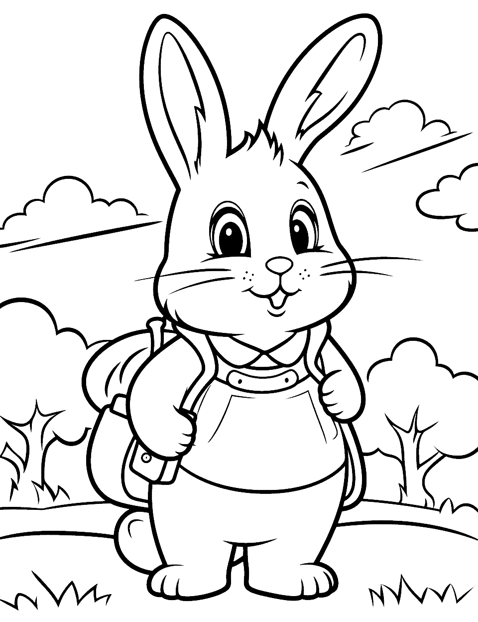 Bunny's Hike Bunny Coloring Page - A depiction of a bunny wearing a backpack hiking through the wilderness.
