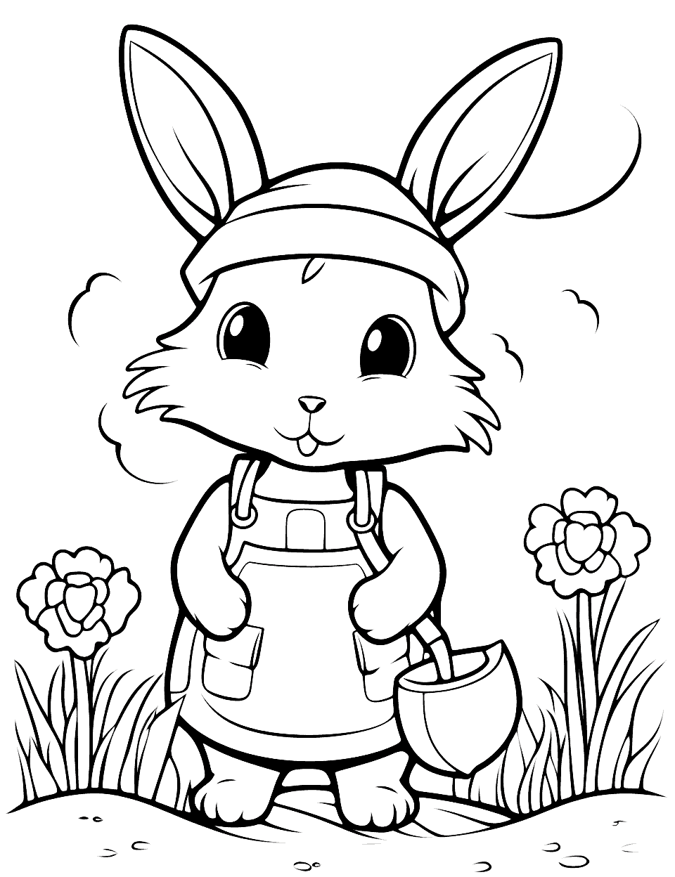 Gardening Bunny with Sunhat Coloring Page - A bunny involved in gardening, watering plants and wearing a cute sunhat.
