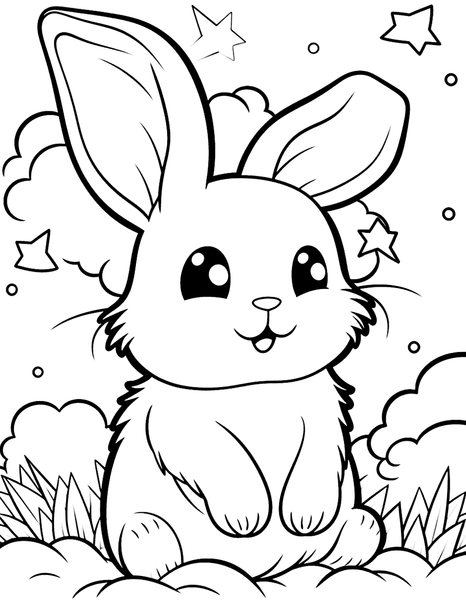 Bunny's Dreamworld with Clouds Bunny Coloring Page - A bunny looking up at the clouds and stars.