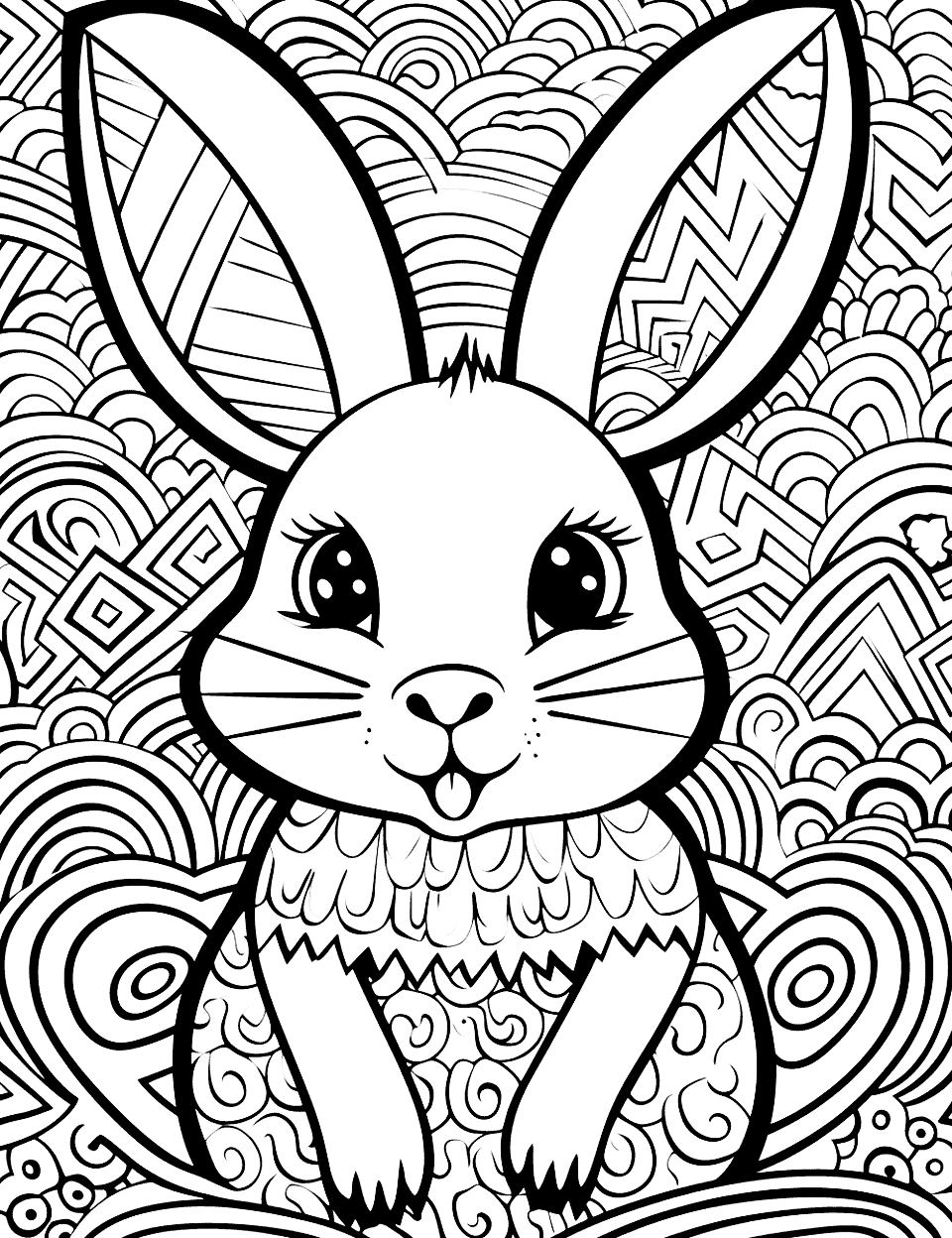 Bunny in Zentangle Wonderland Coloring Page - Abstract patterns forming a complex maze with a bunny at the center.