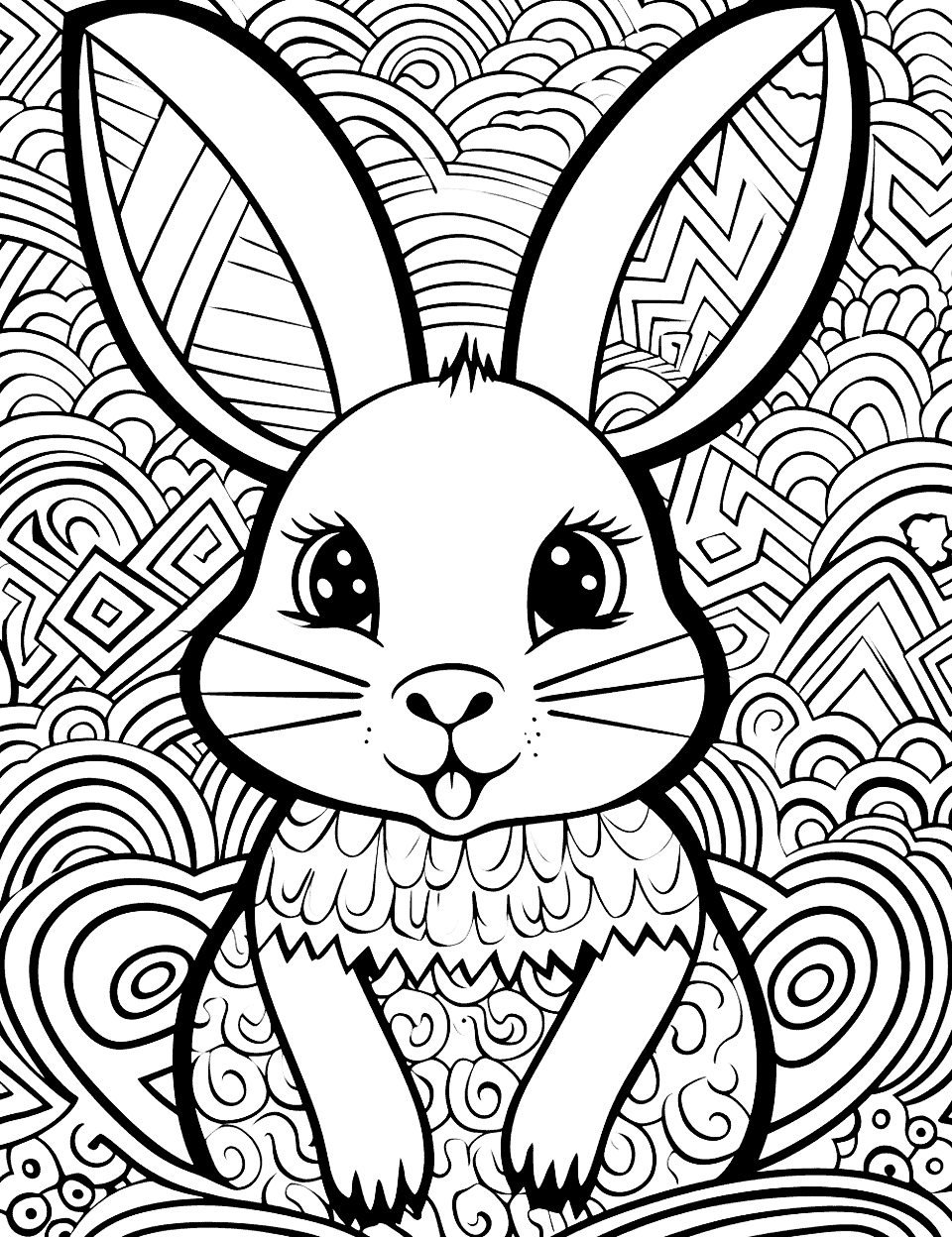 Bunny in Zentangle Wonderland Rabbit Coloring Page - Abstract patterns that form a complex maze with a bunny at the center.