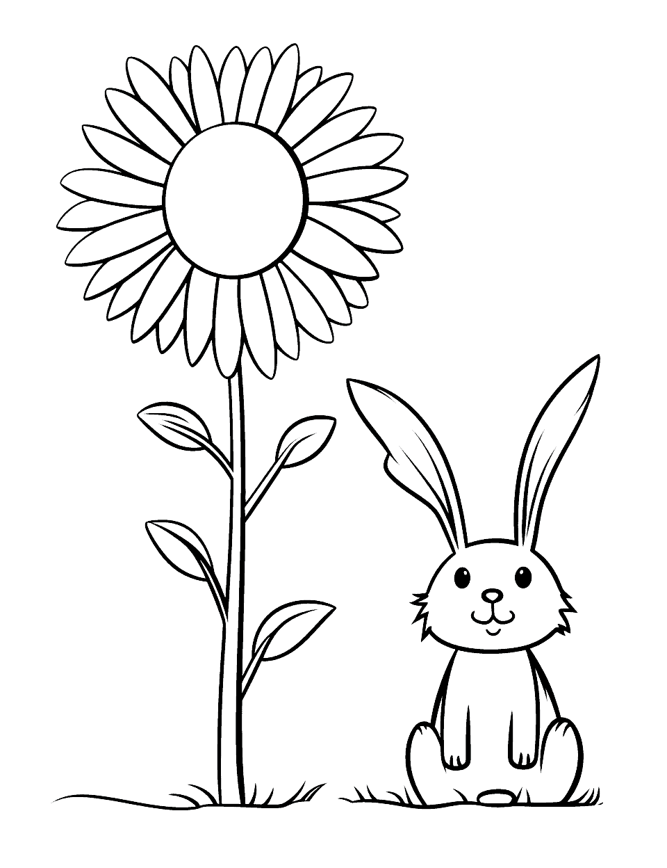 Tiny Bunny, Tall Sunflower Bunny Rabbit Coloring Page - Emphasizing the size difference, a small bunny looks up at a towering sunflower.